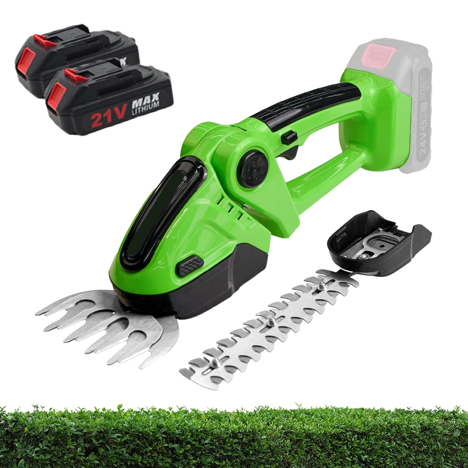 Cortasetos inalámbrico con cabezal giratorio de 90°, cortador de arbustos eléctrico de mano, incluye 2 baterías, ideal para jardín y cuidado del césped, diseño ligero