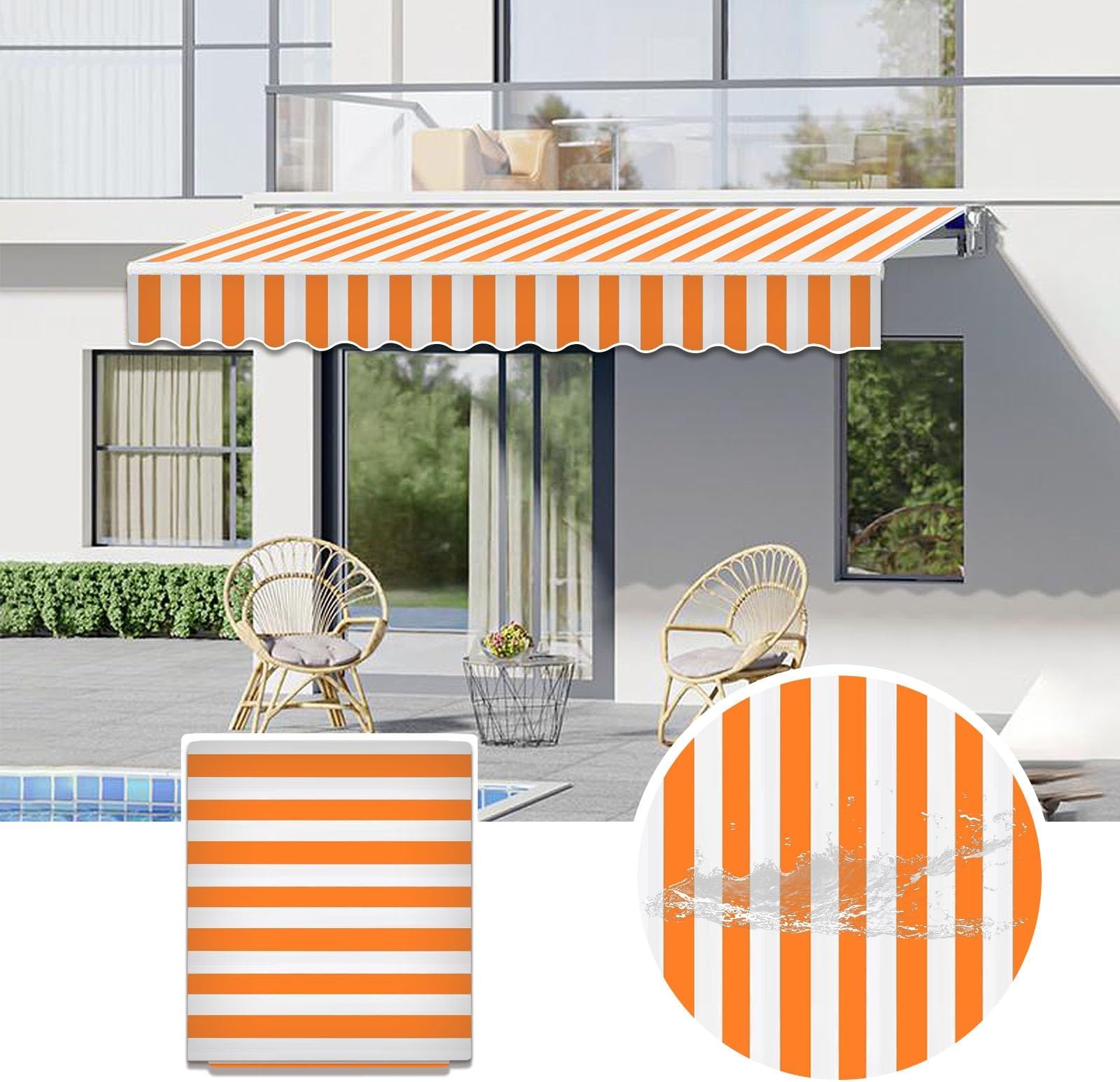 Commercial Patio Awning Top Replacement Fabric| 100% Polyester Sunshade Shelter with UV & Water-Resistant Fabric for Deck, Balcony, Yard, Coffee,Customizable(Orange White Stripes,22.9x9.8ft)