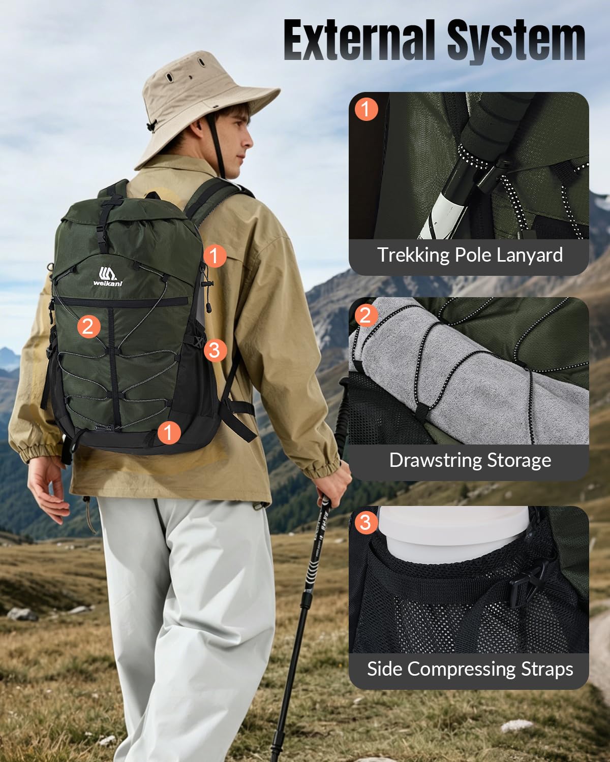 Zaino da trekking impermeabile da 25 l, con cinghia toracica, per uomo e donna, leggero, traspirante, imbottito, da viaggio, escursionismo, Verde scuro, L