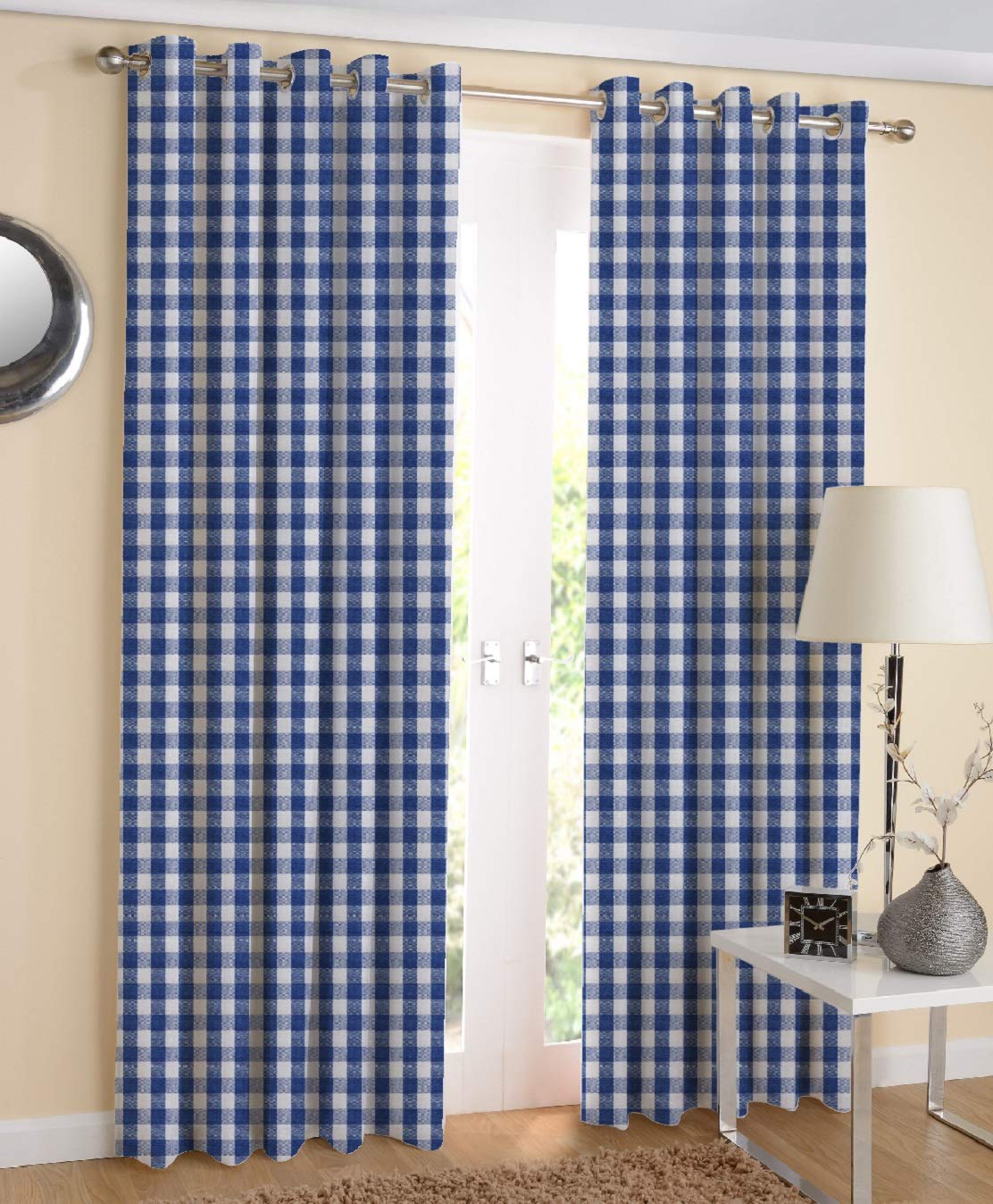 AIRWILL Cotton Checkered Grommet Door Curtain (Blue and White, 4 X 7 ft) - Pack of 2-image-0