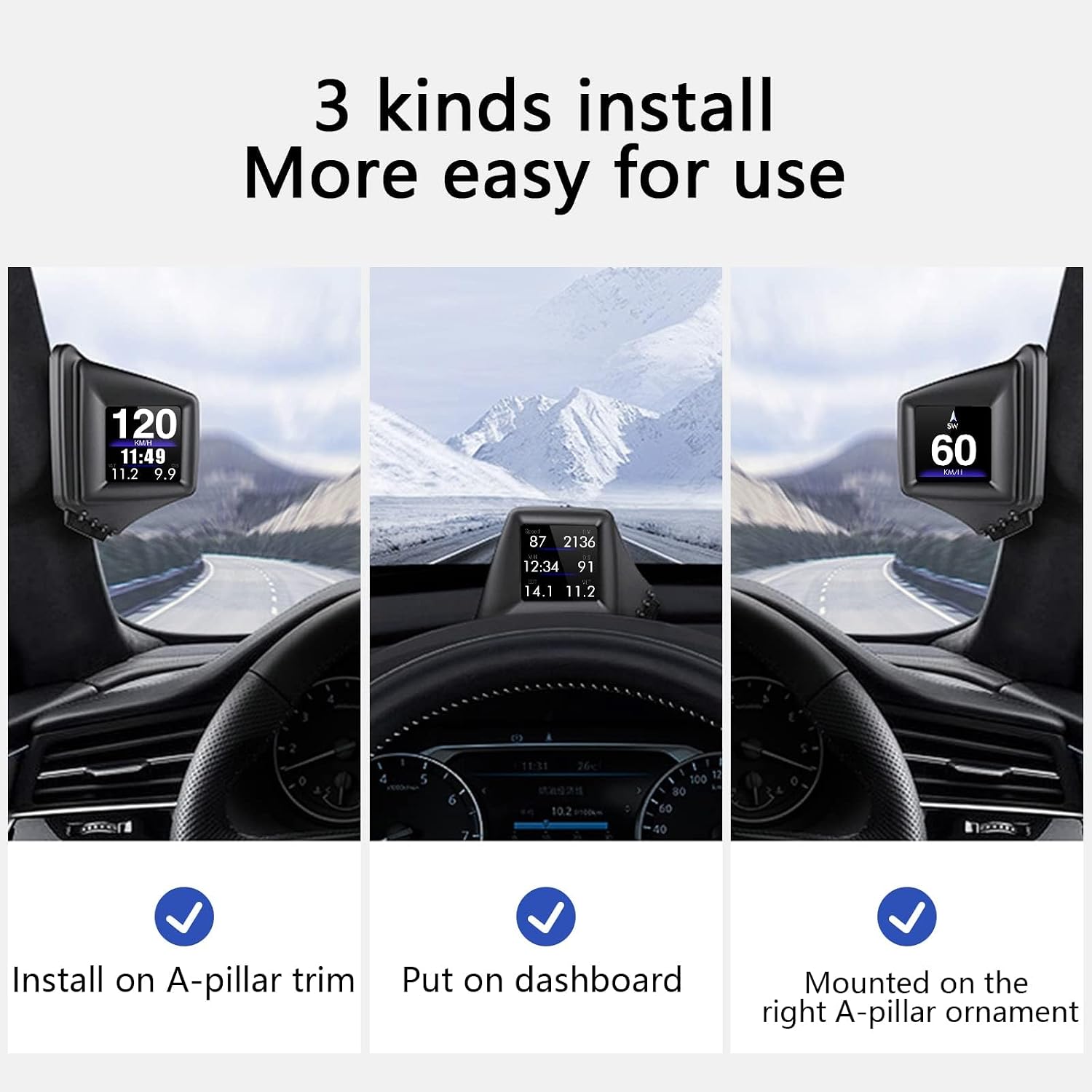 Three installation methods for the AMROOLOO Car Head-Up Display: on A-pillar trim, on dashboard, and mounted on the right A-pillar ornament.