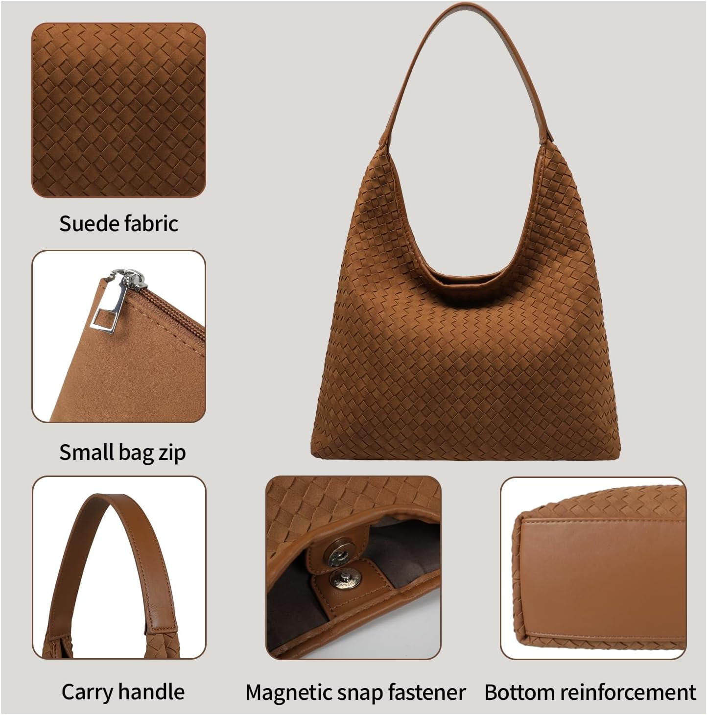 Suede Hobo Bags for Women, Vegan Leather Shoulder Bag Slouchy Top Handle Purses and Handbags Large Capacity with Clutch | Soft Underarm Bag, Hand-woven Purses, Suede Tote