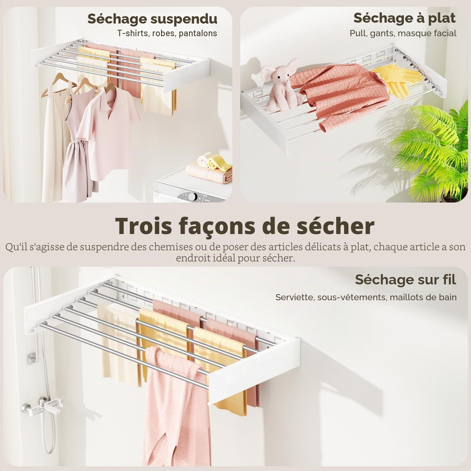 étendoir Mural Pliable pour vêtements, séchoir à Linge Rabattable Invisible, Gain de Place, rétractable pour Serviettes, avec gabarit de Fixation (6 Barres de séchage, Blanc 100 cm)