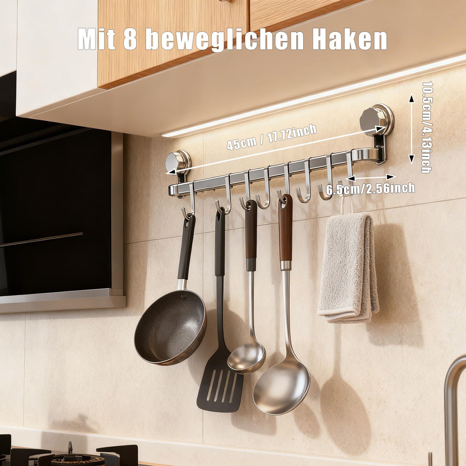 Küchenstange,Hakenleiste Küche ohne Bohren mit 8 Haken,Küchenutensilienhalter Saugnapf Montage,45 cm lang,Halter für Küchenutensilien,Selbstklebend Abnehmbarer Haken für Küche, Bad, Zimmer (Grau)