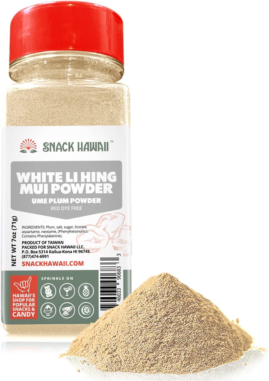 Authentic White Li Hing Mui Powder - Sweet, Sour & Salty Dried Plum Powder, Red Dye-Free, Mess-Free Shaker Bottle - Ideal for Fruit, Candy, Shave Ice & Cocktails - 7oz