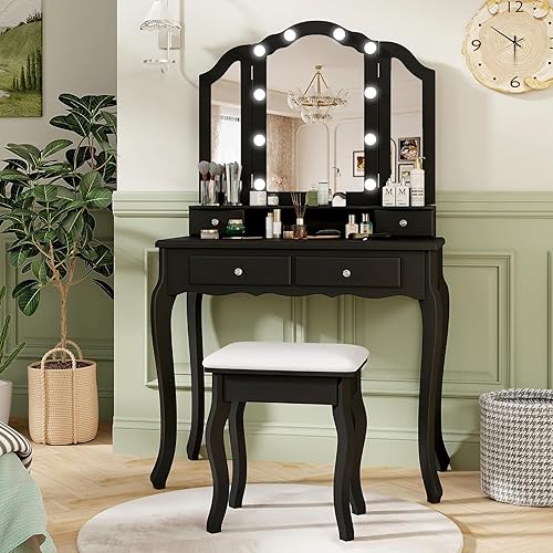 CHARMAID Escritorio de tocador con luces – Mesa de tocador de maquillaje con espejo de tres pliegues, 10 luces LED Hollywood ajustables, 4 cajones