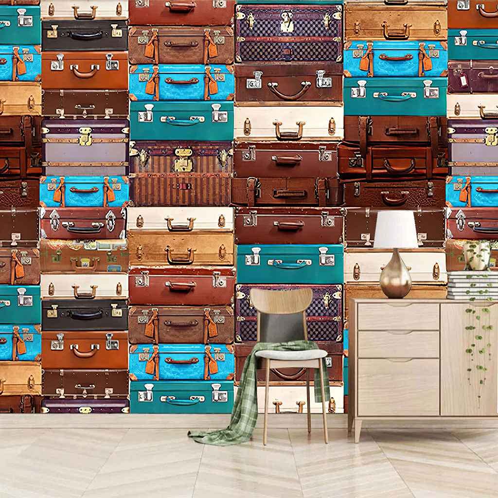 Papier peint toile 3D effet valise vintage pour créer un coin voyage au salon