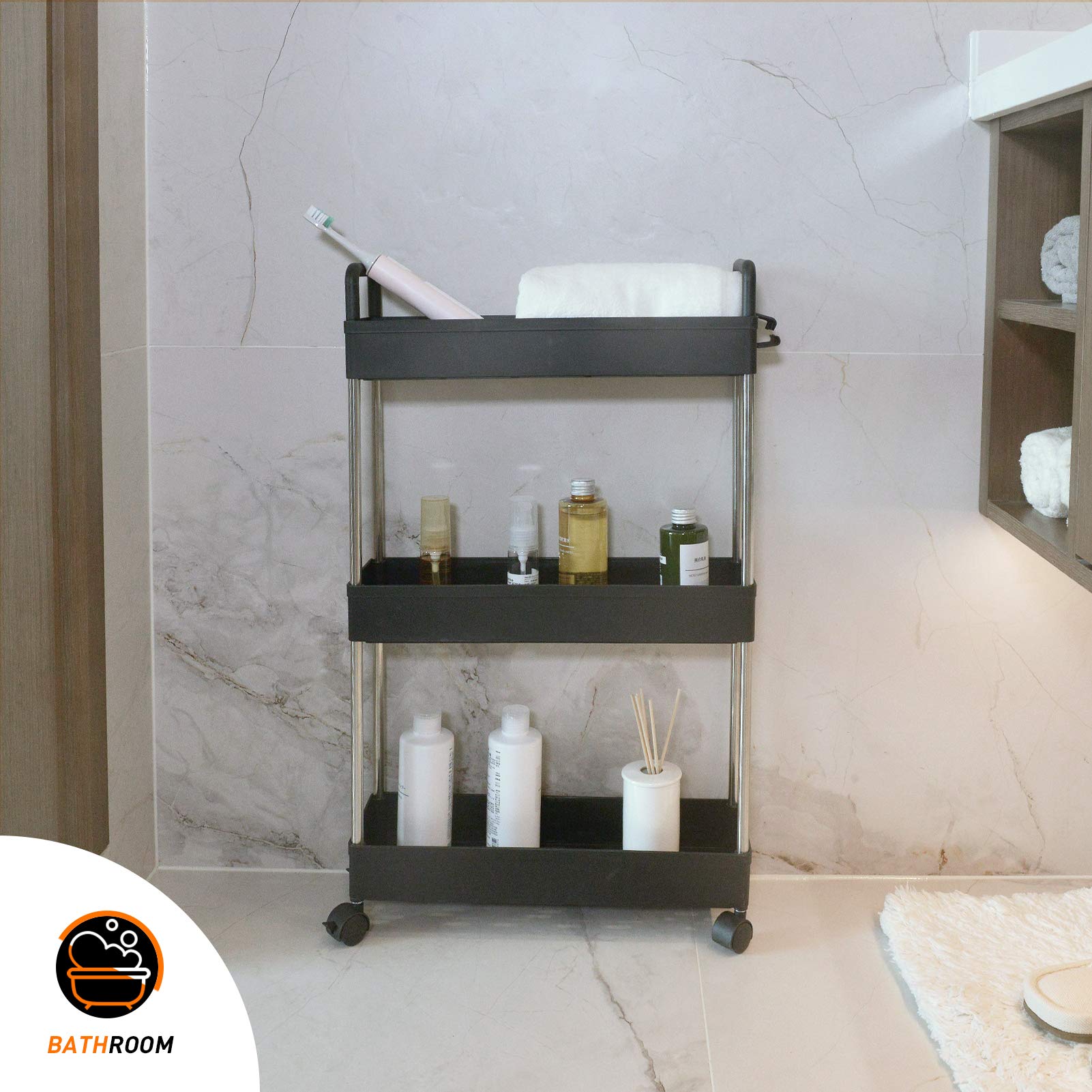 Ronlap 3 Tier Slim Rolling Storage Cart, Skinny Rolling Cart with