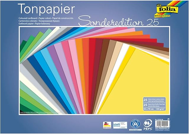 folia 67/25 99 Coloured Paper Mix, Approx. 50 x 70 cm, 130 g/m², 25 Sheets Assorted in 25 Colours, for Crafts and Creative Design of Cards, Window Pictures and for Scrapbooking