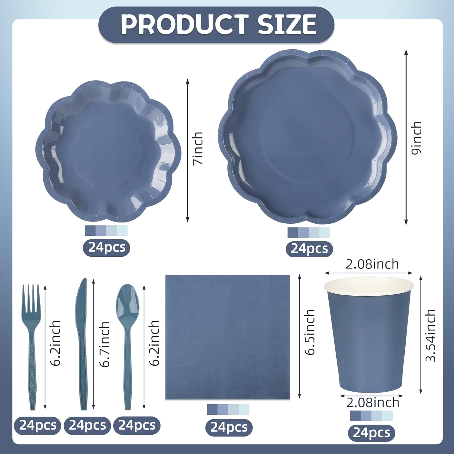 168 Pcs Dusty Blue Paper Plates and Napkins 24 Guests Gradient Scalloped Disposable Tableware Party Supplies Set for Baby Shower Wedding Birthday Garden Tea Party (Dusty Blue)