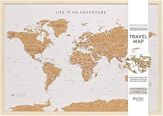 Splosh - Large World Map Pin Board in a White Wooden Frame for Travel. The travel map corkboard comes with 2 sets of pins to personalise your world travel adventures.