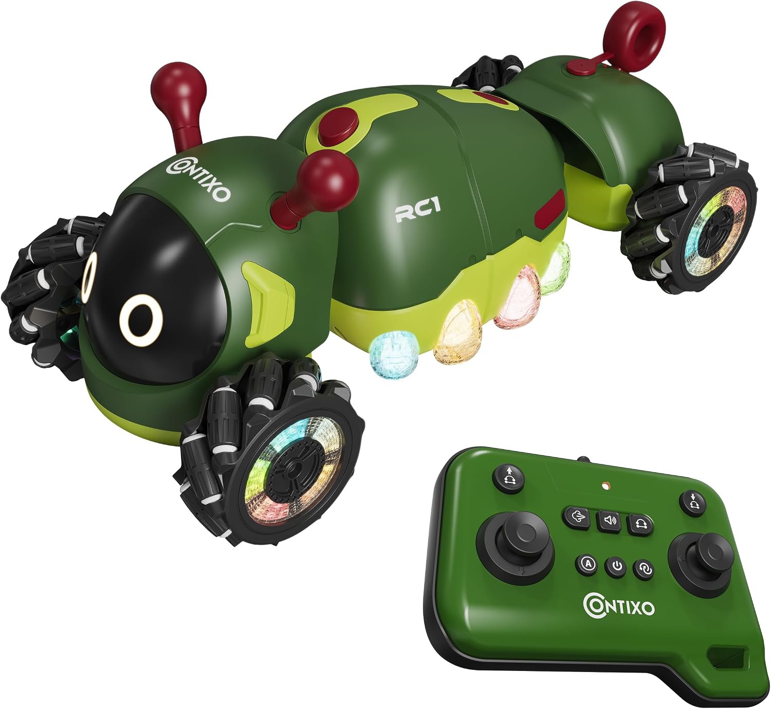Contixo RC1 Mech Stunt RC Caterpillar Car – Kids Remote Control Car, Omni-Directional 360° in-Place Rotation, Mist Spray, LED Lights, All-Terrain Stunt Vehicle, Torsion Body, 2.4GHz Remote, Green