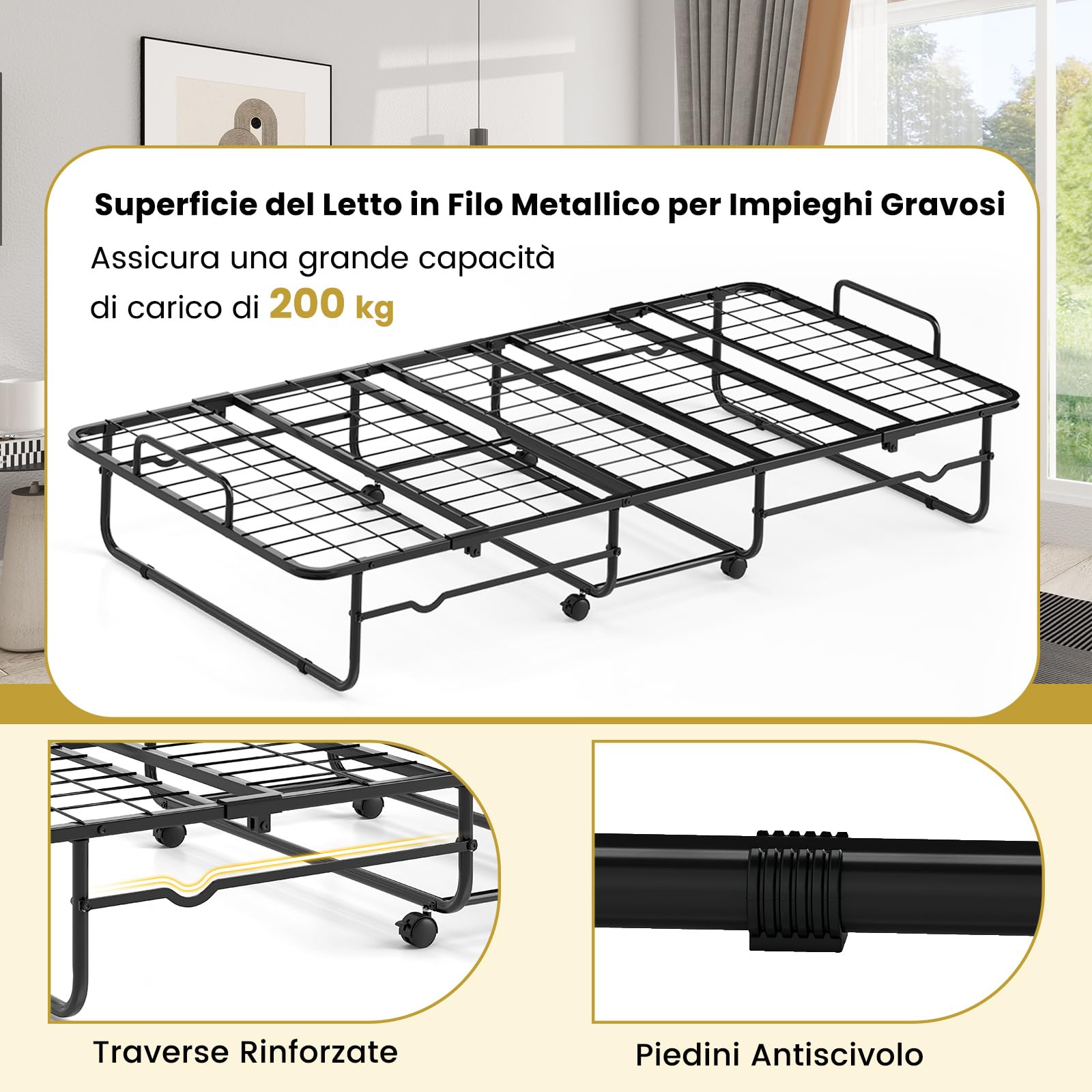 COSTWAY Letto Pieghevole con Materasso, Letto Singolo Pieghevole per Ospiti con Memory Foam e Struttura in Metallo, Brandina con Ruote, 190 x 90 cm, Carico 220 kg