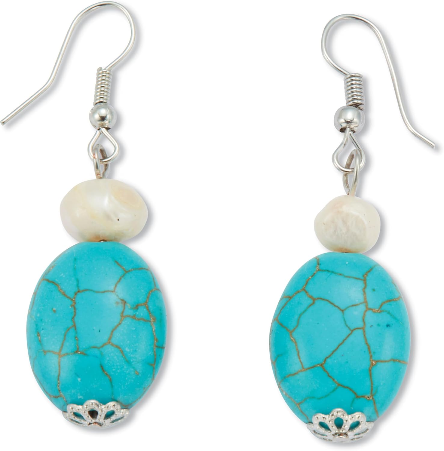 PalmBeach Silvertone Cultured Freshwater Pearl and Genuine Green Turquoise Necklace and Earring Set, 17 inches plus extension