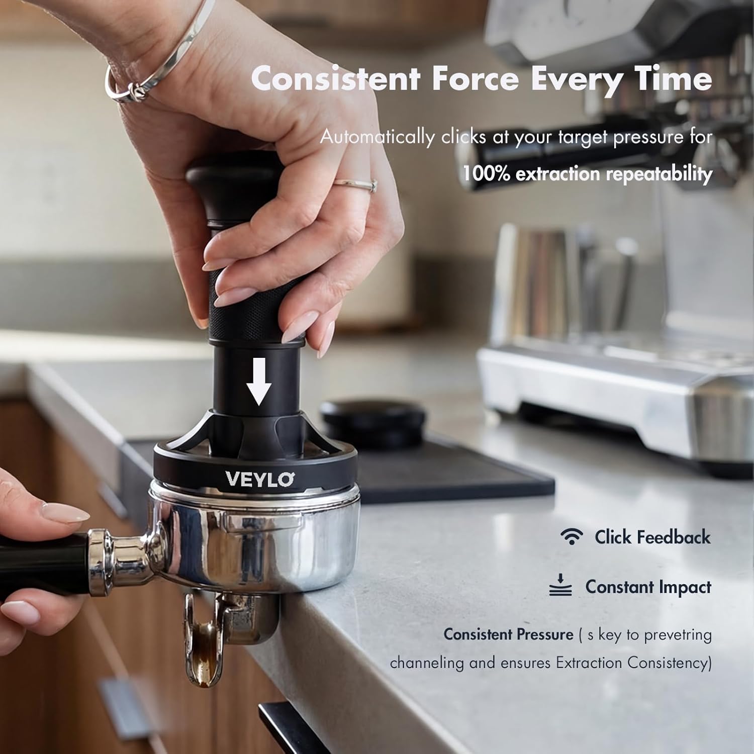 VEYLO 54mm Espresso Tamper (53.3mm Base), Adjustable 20-30 lb Coffee Tamper with Audible Click Feedback, 24-Click Precision Dial, 20/25/30 lb Marks, No Spring Swap, Stainless Steel Flat Base, Black