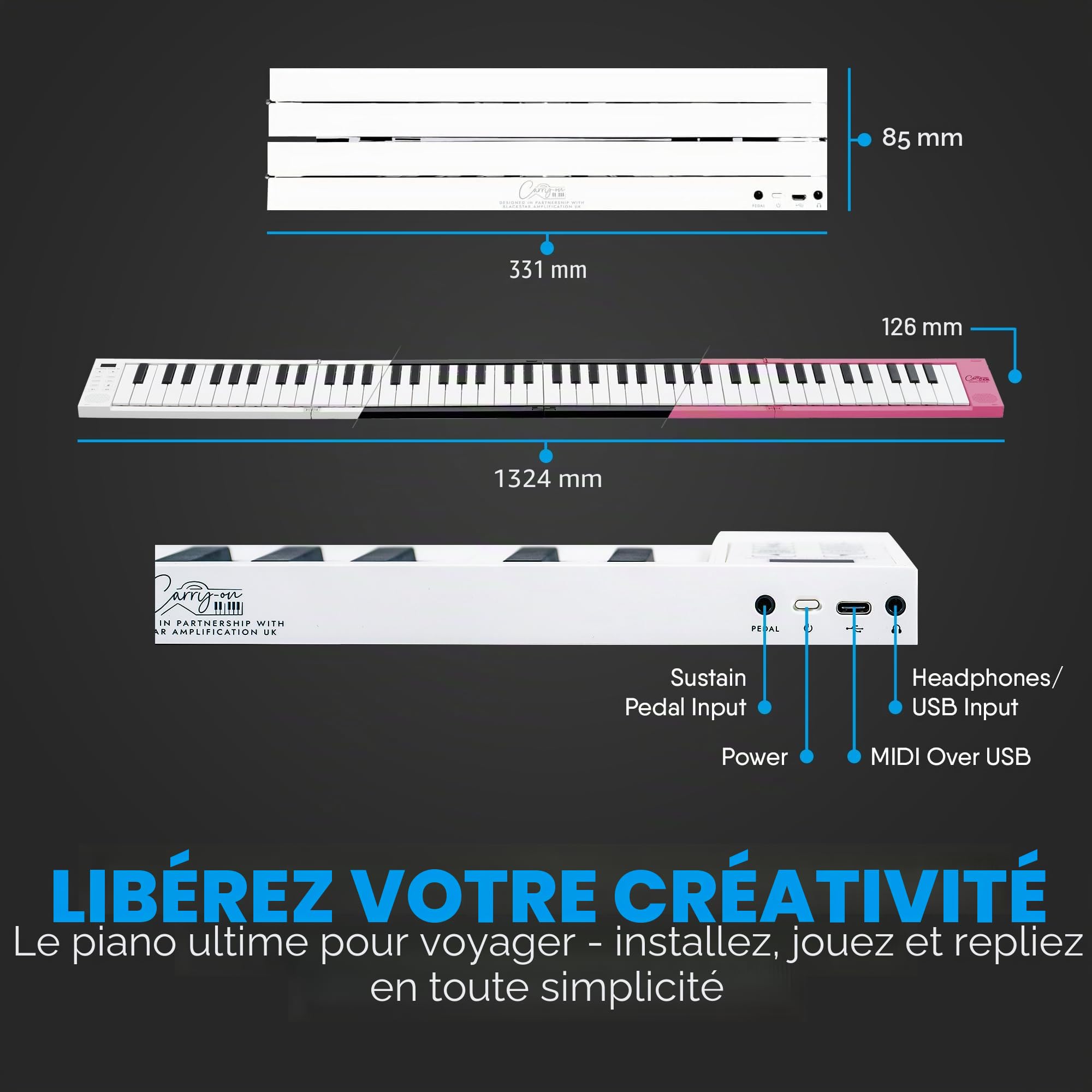 Blackstar BA215010 Carry-on FP-88 Touch Touch 88 Touches Tactile Blanc Portable Pliable Piano Numérique Contrôleur MIDI USB avec Batterie Rechargeable