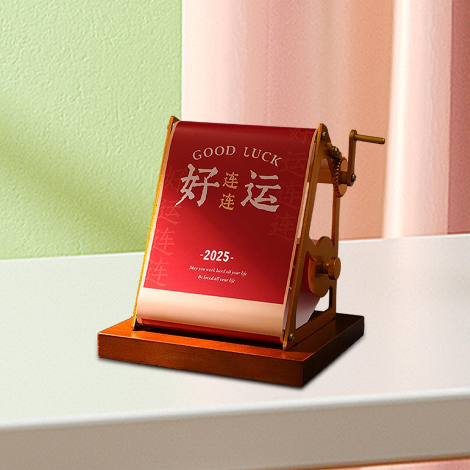 Gralara Tischkalender 2025, Wochenkalender, Chinesische Neujahrsdekorationen, Handgekurbelter Mechanischer Kalender, Ornamente für Neujahr, Rot