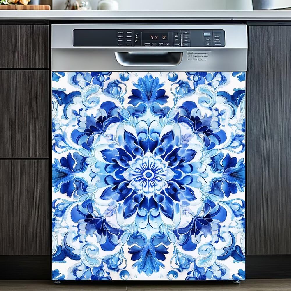 Dishwasher Magnets Decorative Cover Sticker Refrigerator Panel Decal Magnetic Sticker,Symmetrical Elegant Design Swirls Floral Motifs Magnet Full Cover Fridge Door Cover,23W x 26H inchs