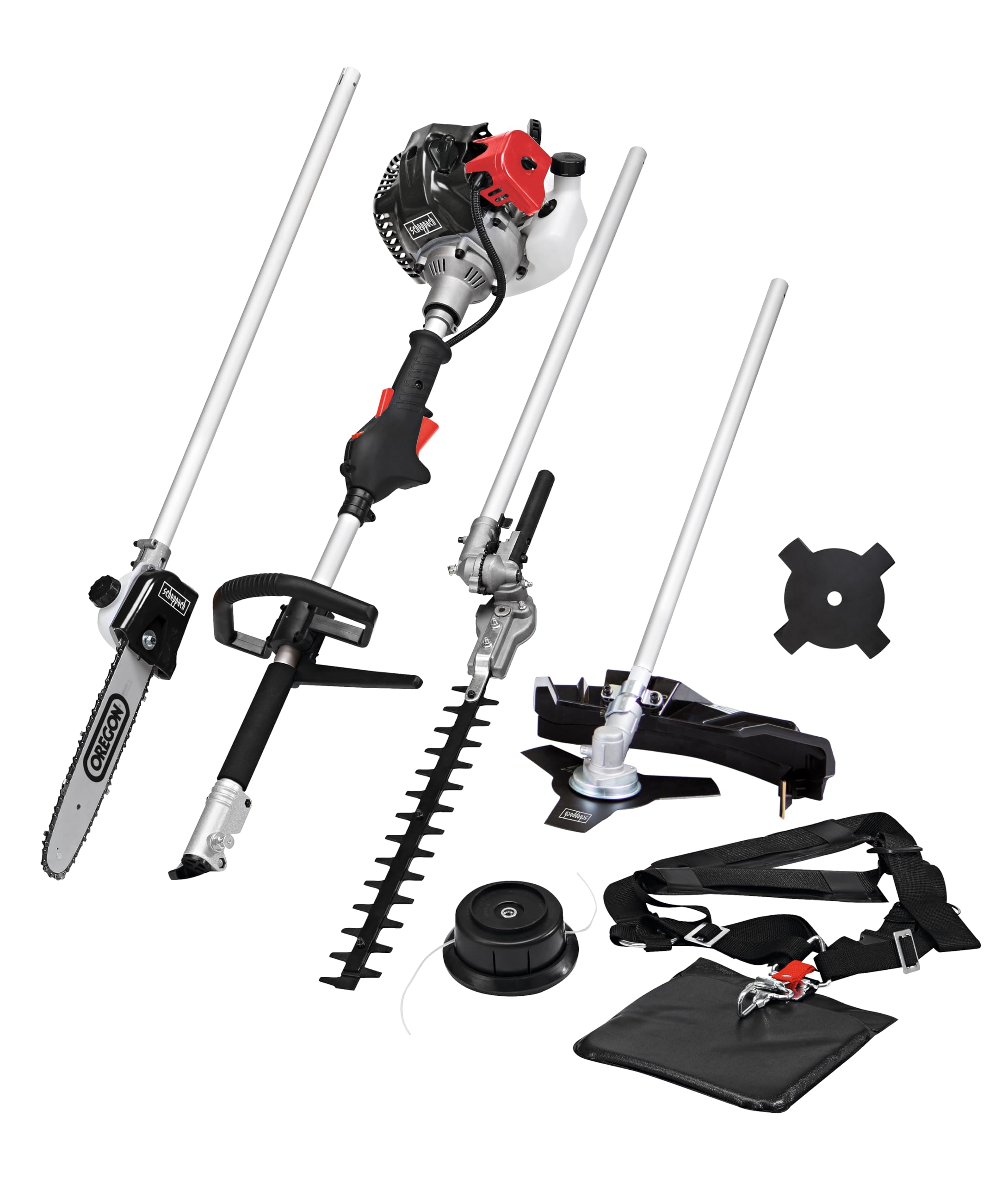 Scheppach Outil Multi-Fonctions 4en1 Thermique MT33P | Coupe-Bordure - Débroussailleuse - Elagueuse - Taille-haie | Puissance 1,22 CV | Moteur 2 Temps | avec bandoulière et protège-Hanches