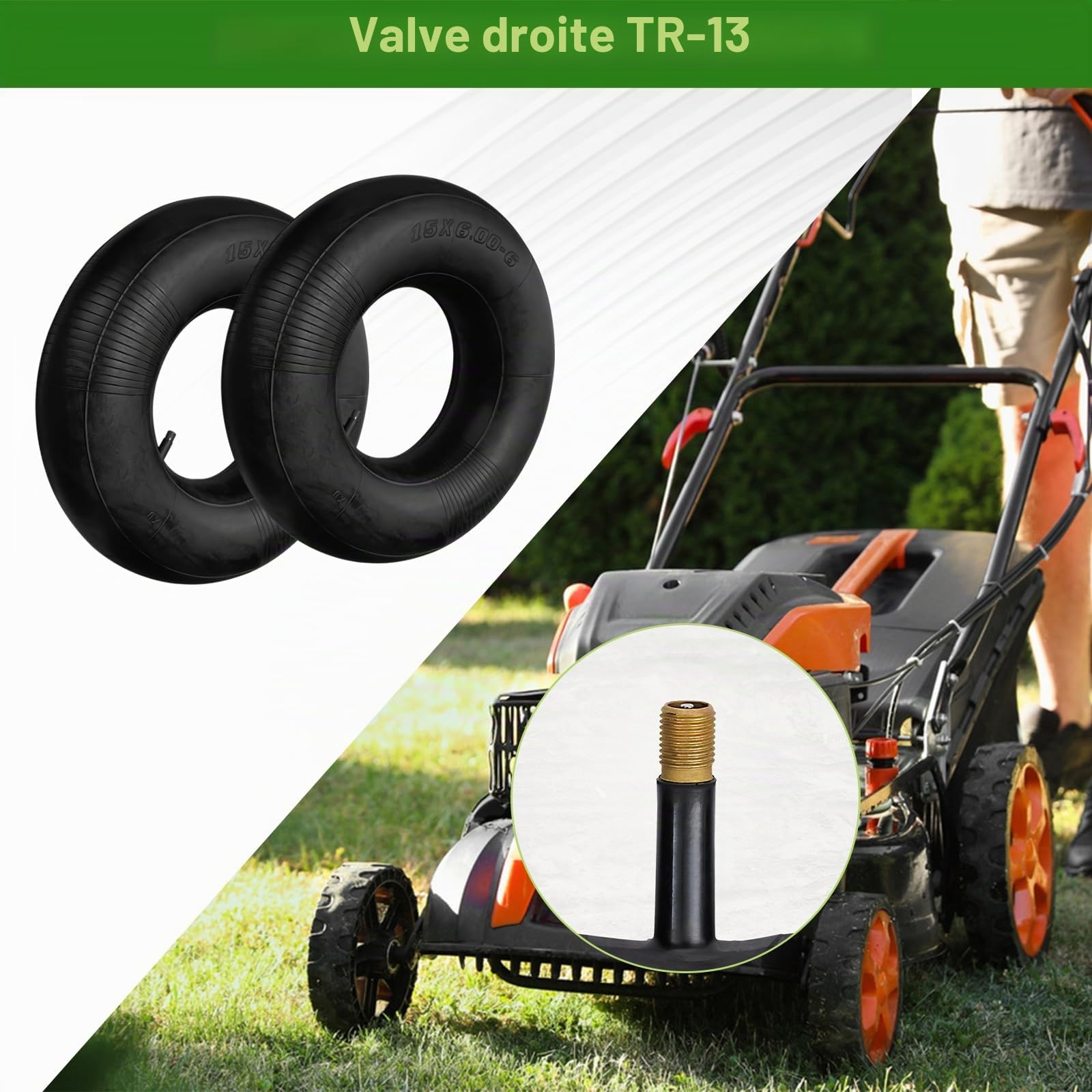 Lot de 2 chambres à air 15 x 6.00-6 pour tracteur pelouse avec tige droite TR-13, valve coudée pour pneus de diable, tondeuses à gazon, tracteurs de cour, VTT, brouettes, karts, chariots de golf