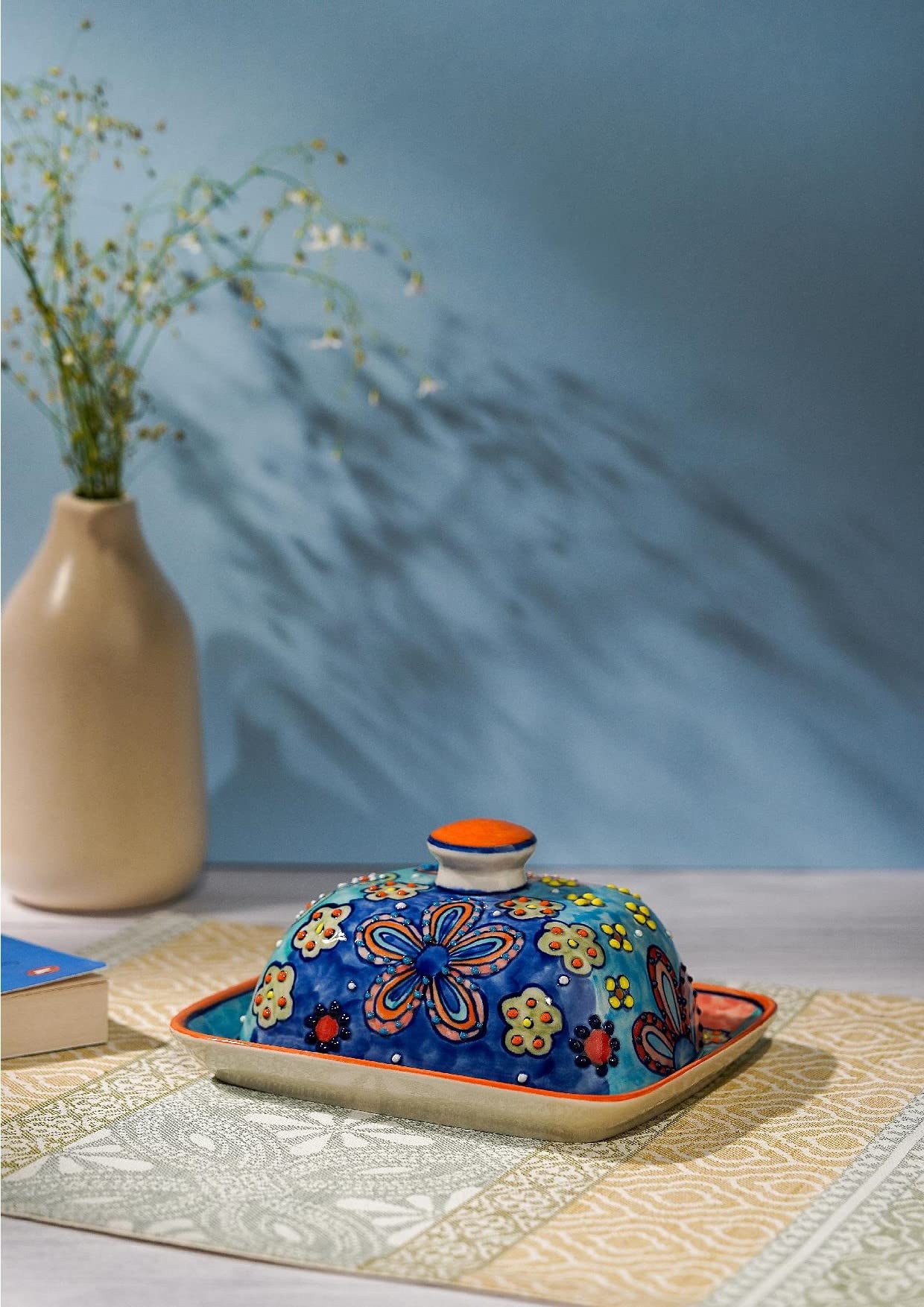 Butterdose mit Deckel Keramik Bunt Handbemalt (Daisy Orange/Rot)