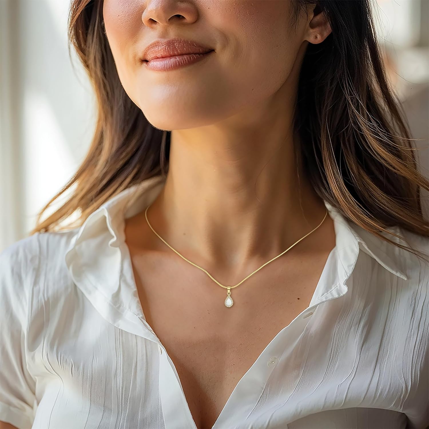 14K Gold Opal Necklace - October Birthstone 3x5mm with 14K Solid Yellow Gold Pendant and Thin 14K Gold Chain, White Opal Gemstone,Handmade Birthday Gift for Classy Women - Image 3