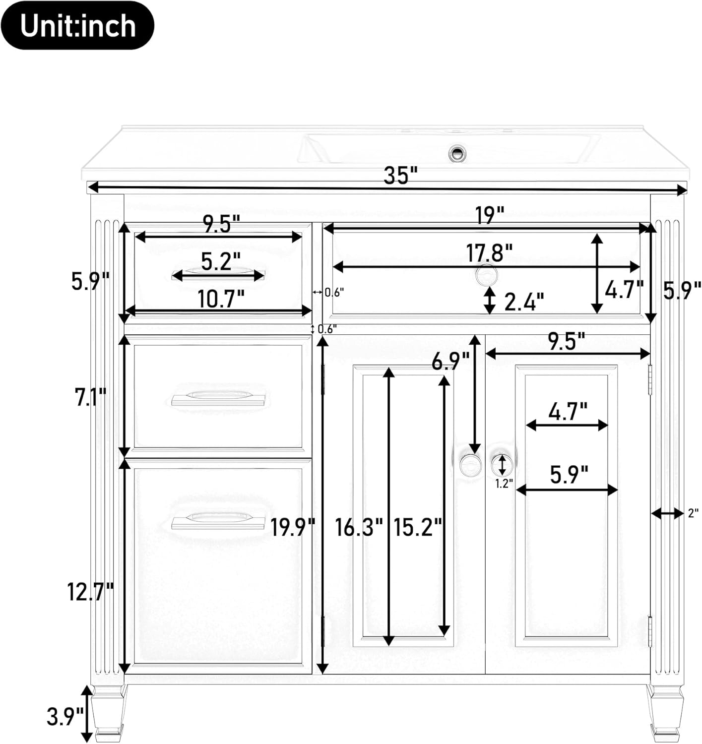 36" Bathroom Vanity with Ceramic Sink, Bathroom Cabinet with One Tip-Out Drawer, 3 Side Drawers, Adjustable Shelf, White