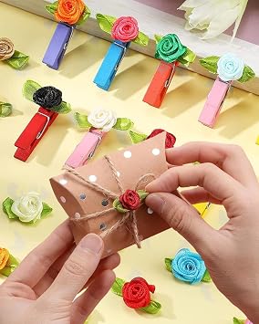 100pcs Mini Satin Roses with Green Leaf Cute Ribbon Bows for Gift Wrapping, Fabric Floral Applique for Clothes Scrapbooking DIY Craft Wedding Party Decoration (Chocolate)