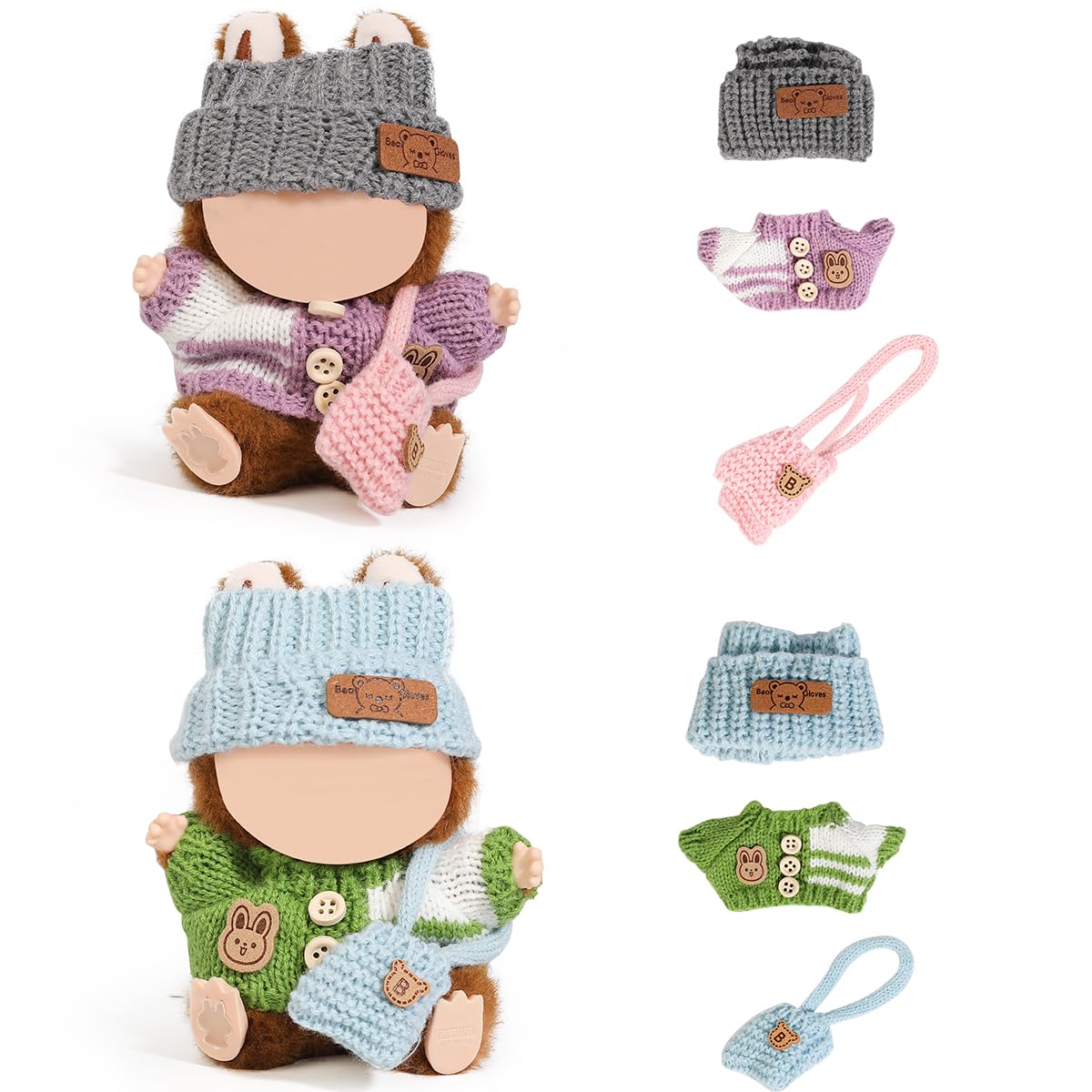 (2 Pack) XMBYGY Doll Clothes for Labubu (for 17/15cm Standing/Sitting Doll)(NO Doll)- Multiple Style Kits Clothes for Dolls Included Figures Clothing +Hat +Shoulder Bag for Girl and Woman