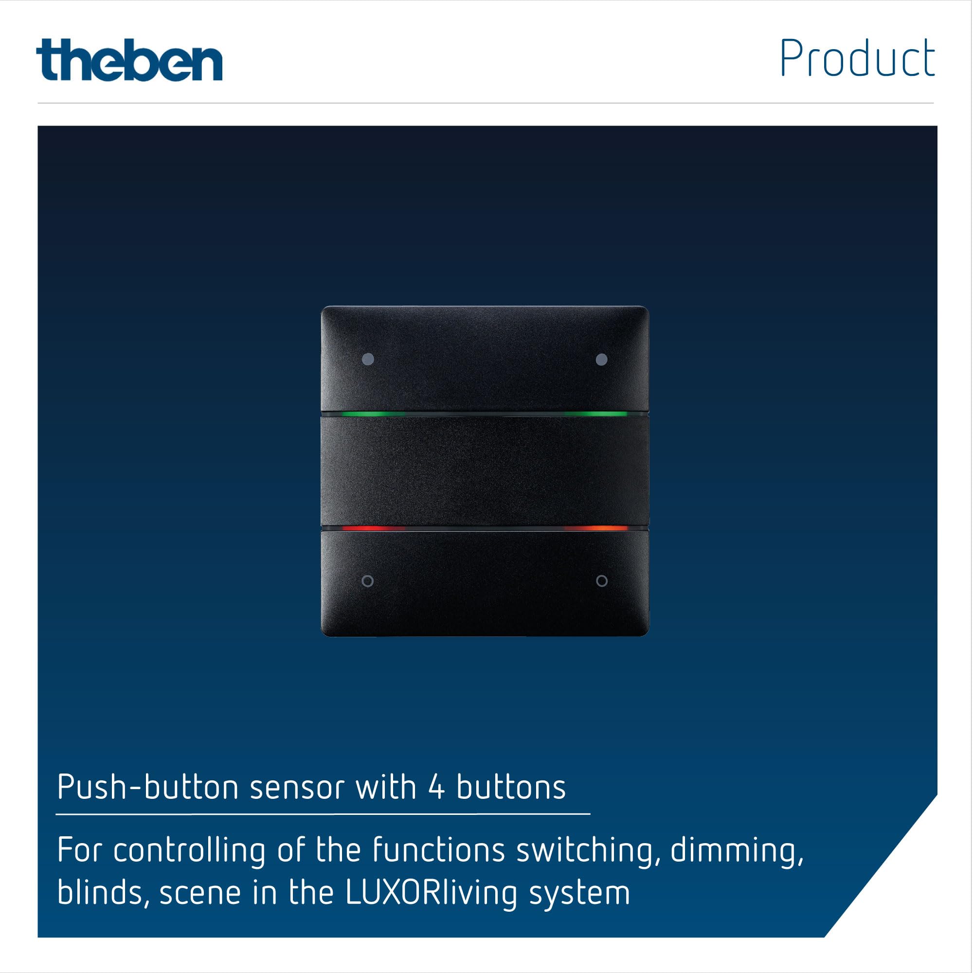Theben 4801414 I LUXORliving iON4 BK I Capteur tactile à 4 boutons en noir I Pour le système Smart Home KNX LUXORliving I Capteur de température intégré I Interrupteur I Allumage/Dimmmage/Volet