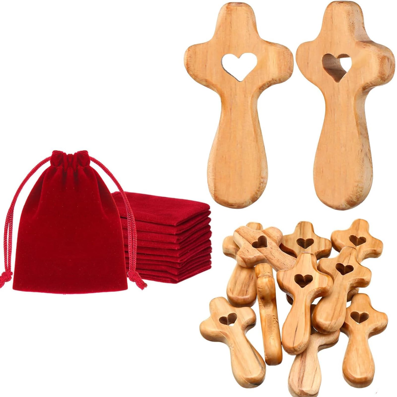 Kalttoy Sized Wooden Crosses Portable Fingertip Crosses with Velvets Bags Set for Stress Relief and Prayer Religious Gift Wooden Handheld