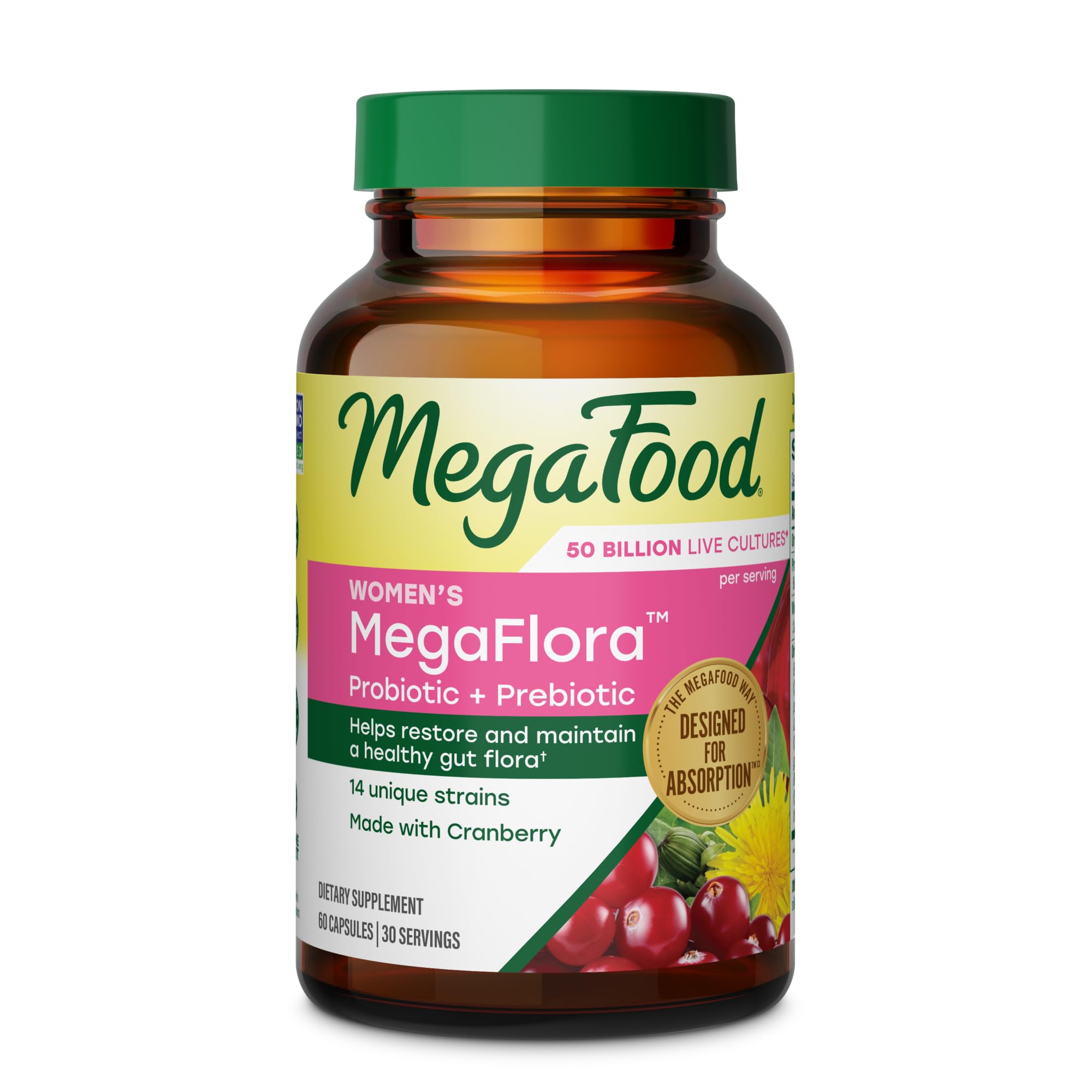 MegaFood MegaFlora Womens Probiotic Prebiotic with Cranberry, 60 Capsules 60 Count (Pack of 1)