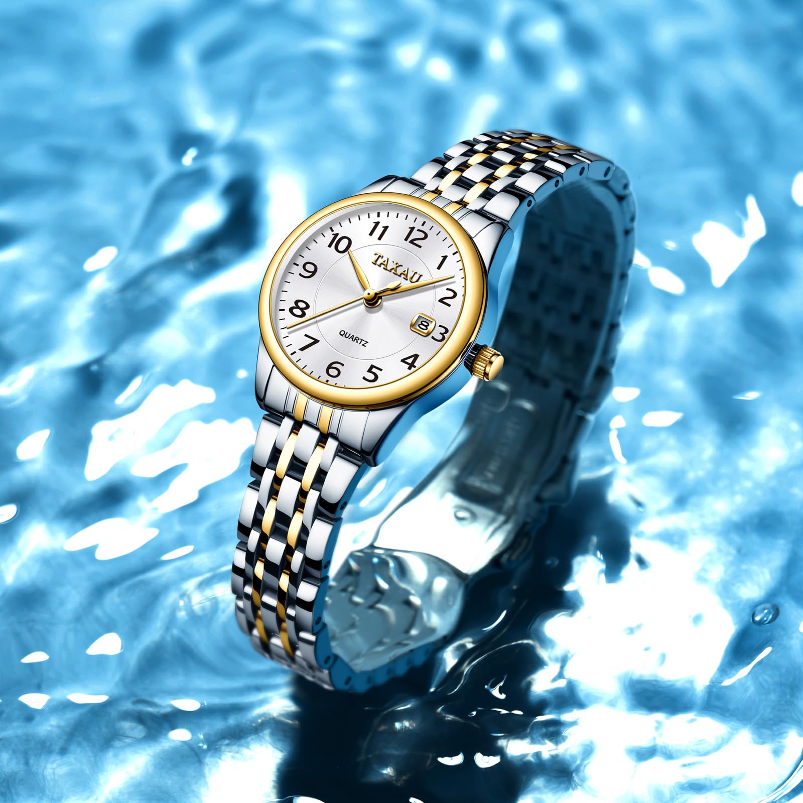 Taxau Damen Uhr Wasserdicht Quarzuhr Gold Silber Edelstahlband Armbanduhr