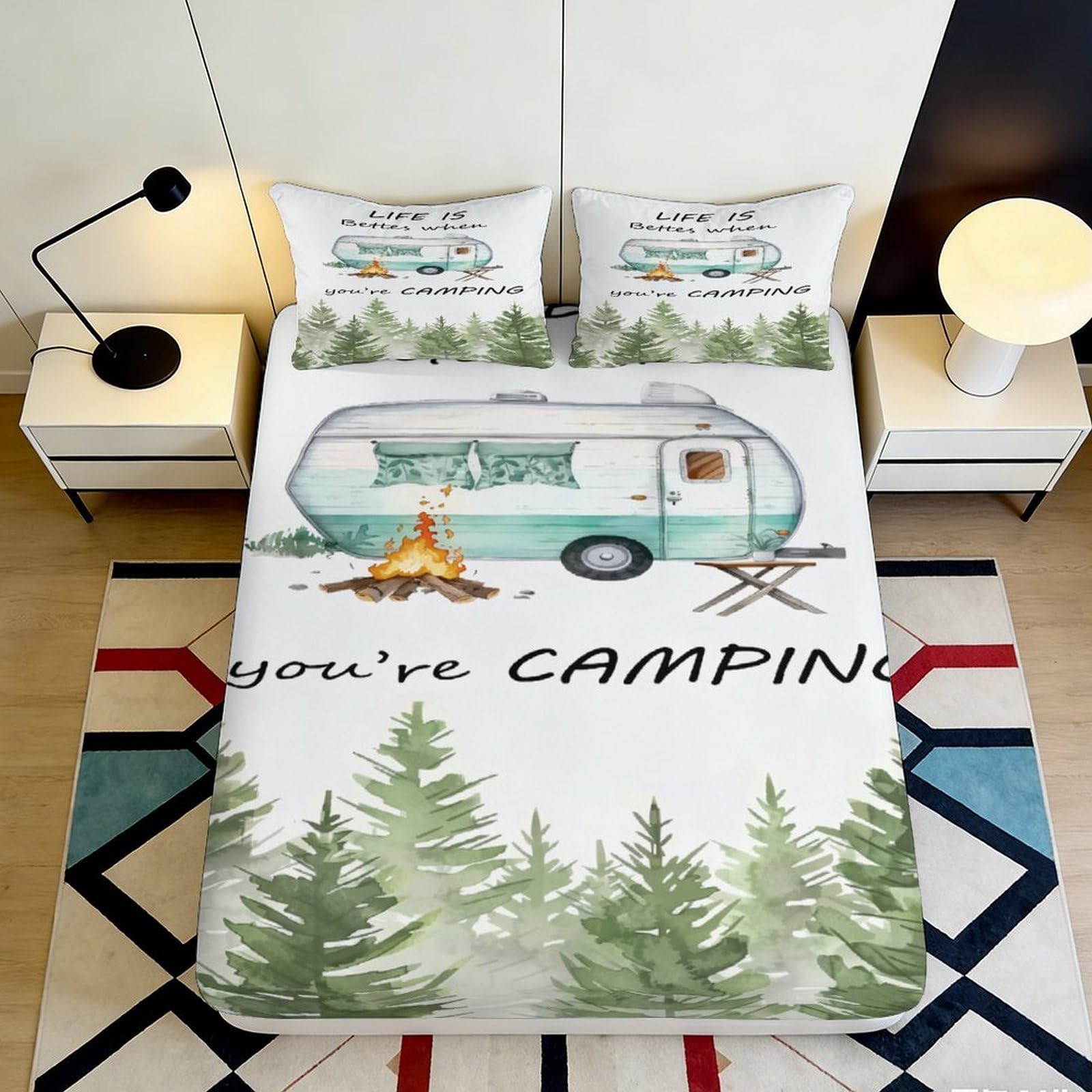 Jqzkxnhpbr Style-3 3D Printed Camping Caravan Fitted Sheet Microfiber Forest Pine Mattress Cover For Bedroom Guest Room Decor 90X200x25cm