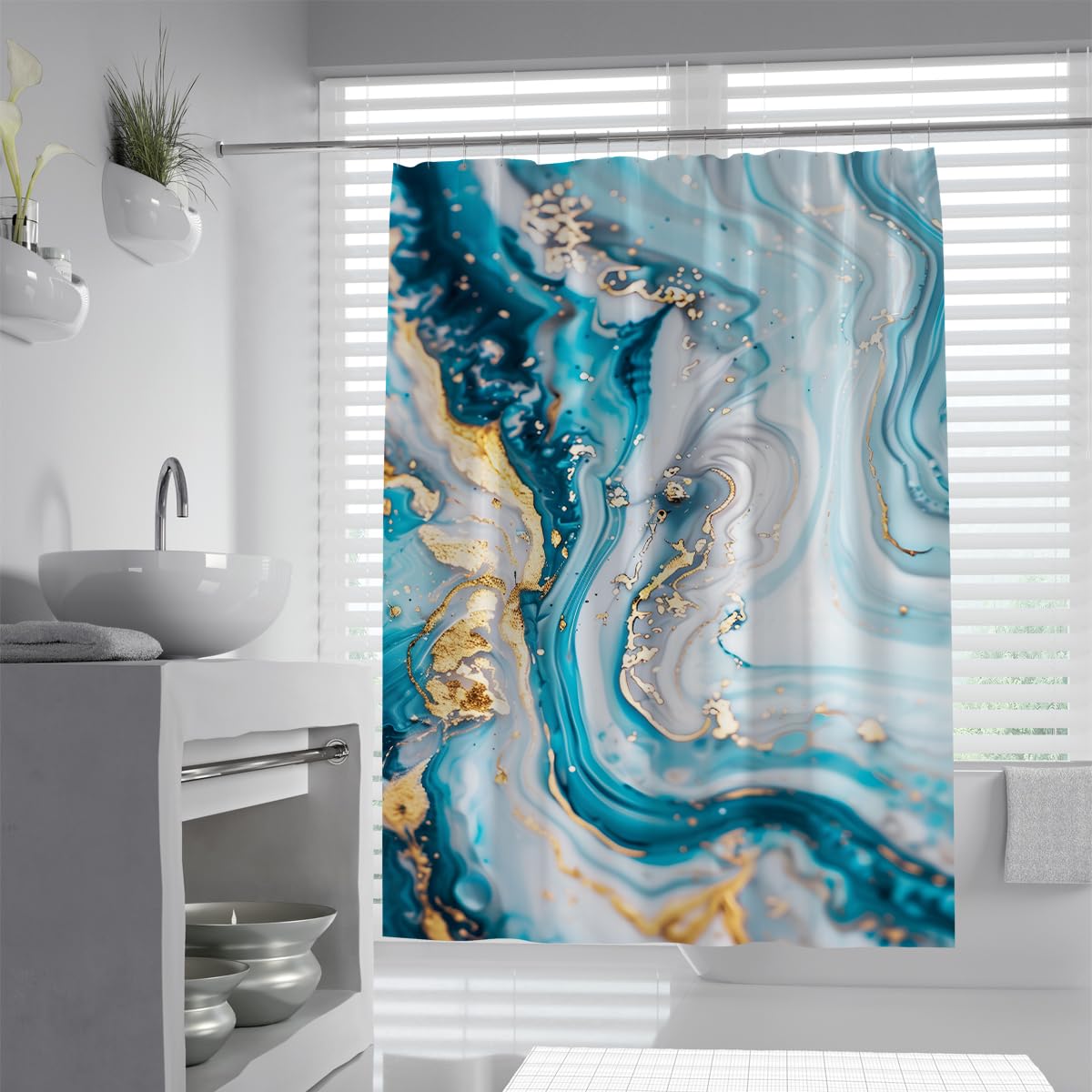 UIRINGART Luxury Marble Bath Curtain W200xL220cm Ocean Teal Blue Turquoise White Liquid Fluid Ink Waves Yellow Lines Quick Drying Mildew Mould Resistant Fabric Shower Curtains