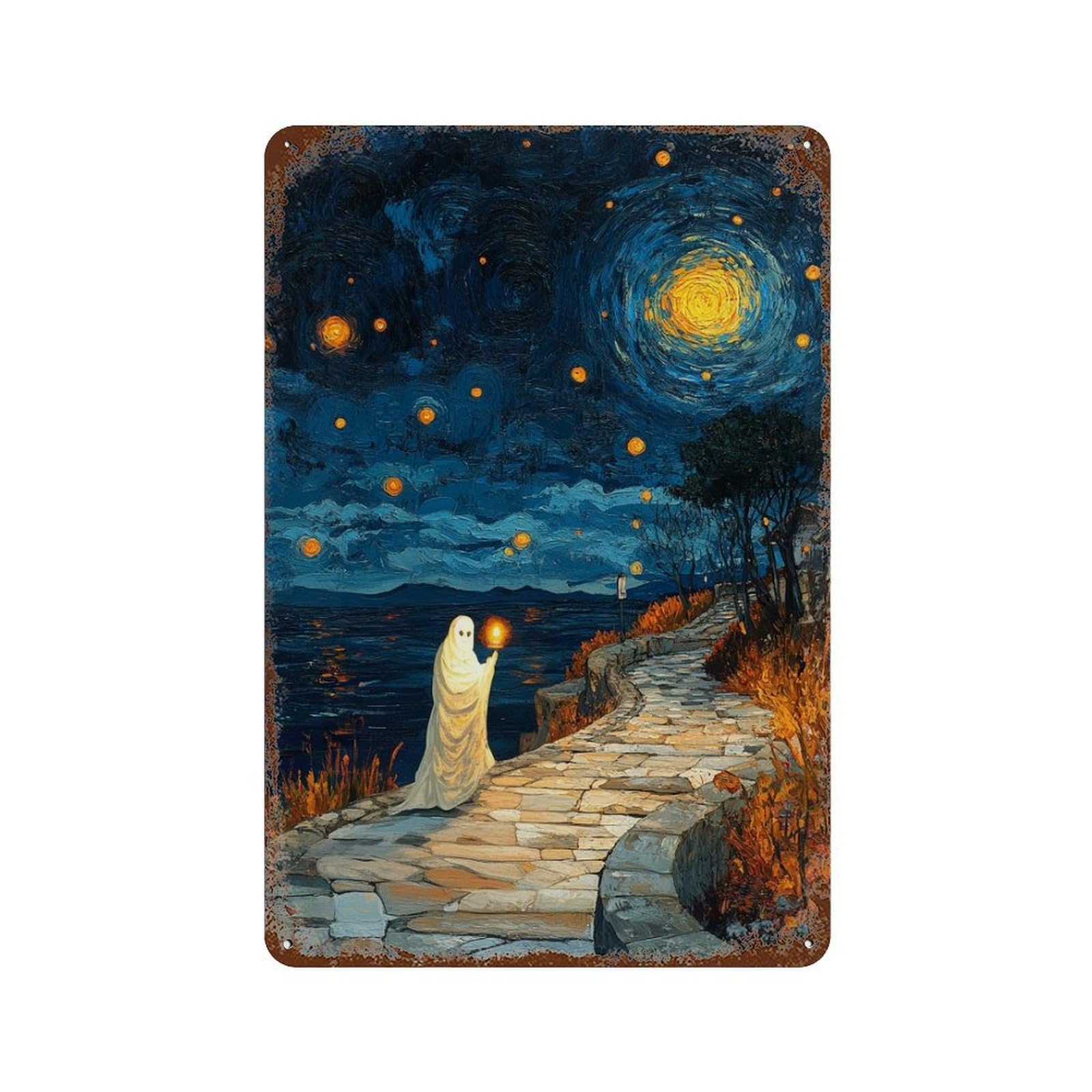 Vintage Rust Metal Sign with Ghostly Pathway Night Design 11.8"x7.9", for Shed, Workshop And Garage Wall Decor, Retro Wall Decor