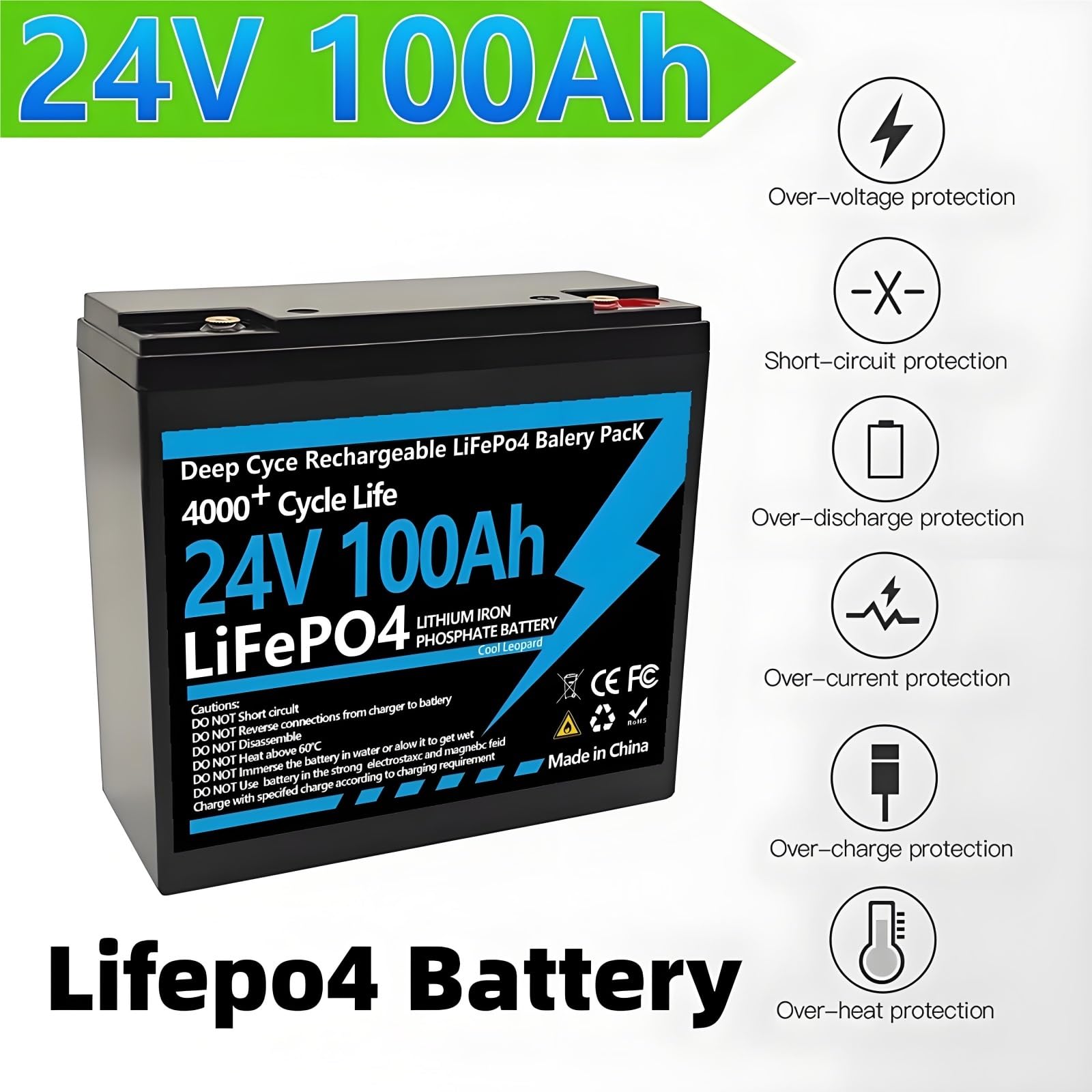 Batteria LiFePO4 24V 100Ah Pacco Litio Per Camper Sistema Solare Campeggio Accumulo Energia Progetti Fai Da Te 6000 Cicli Celle Grade A Con BMS 100A Integrato Scocca ABS 2400Wh