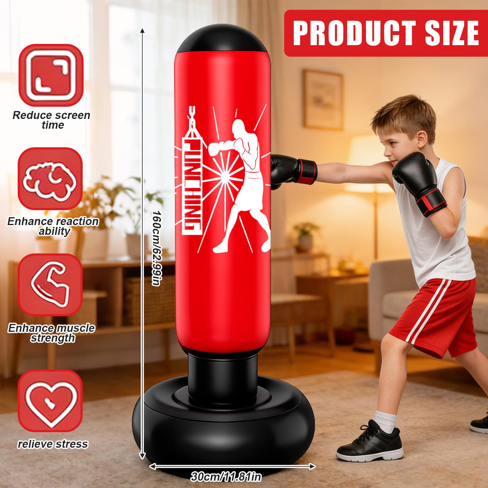 Sacco da Boxe per Bambini, 160 CM Sacco da Boxe Bambini Gonfiabile in PVC con Pompa, per Ragazzi e Ragazze, Pratica Karate, Kickboxing, Taekwondo, MMA - 2