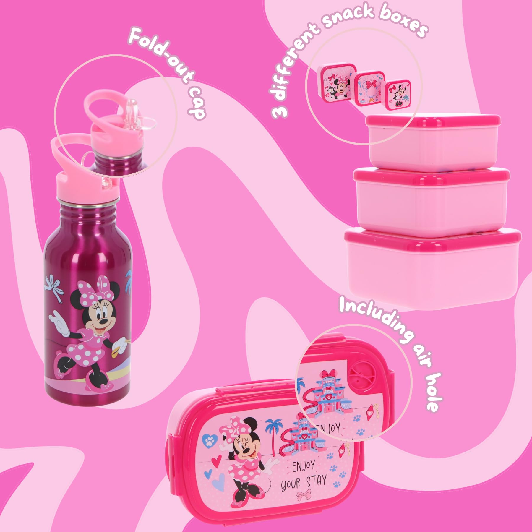 Minnie Mouse Lunchset Rosa Kinder Brotdose, Trinkflasche & 3 Snackboxen