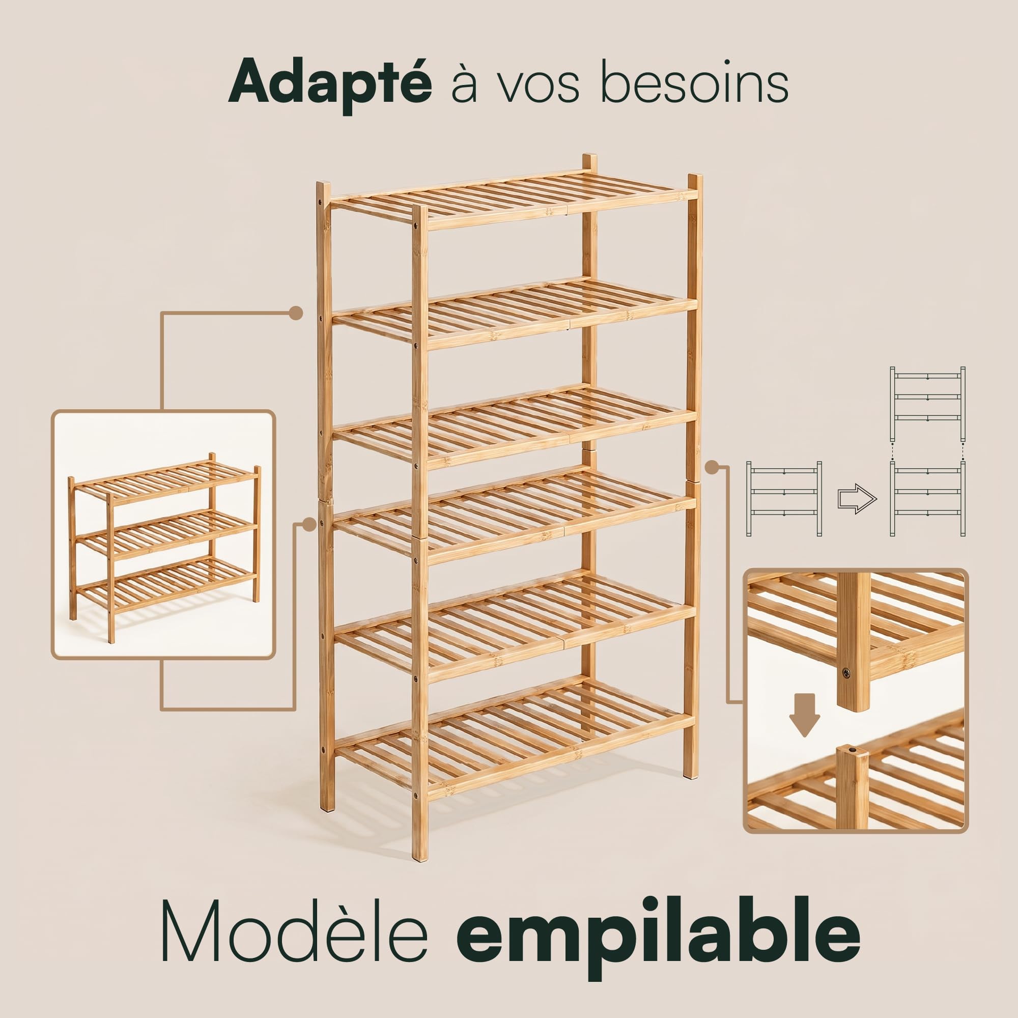 Meuble à Chaussures Entrée - Rangement Chaussures - Étagère Bambou | BAM BOO BOX Étagère à Chaussures 3 Niveaux Bambou – Range Souliers Gain de Place 68x28x46,5 cm – Support Empilable