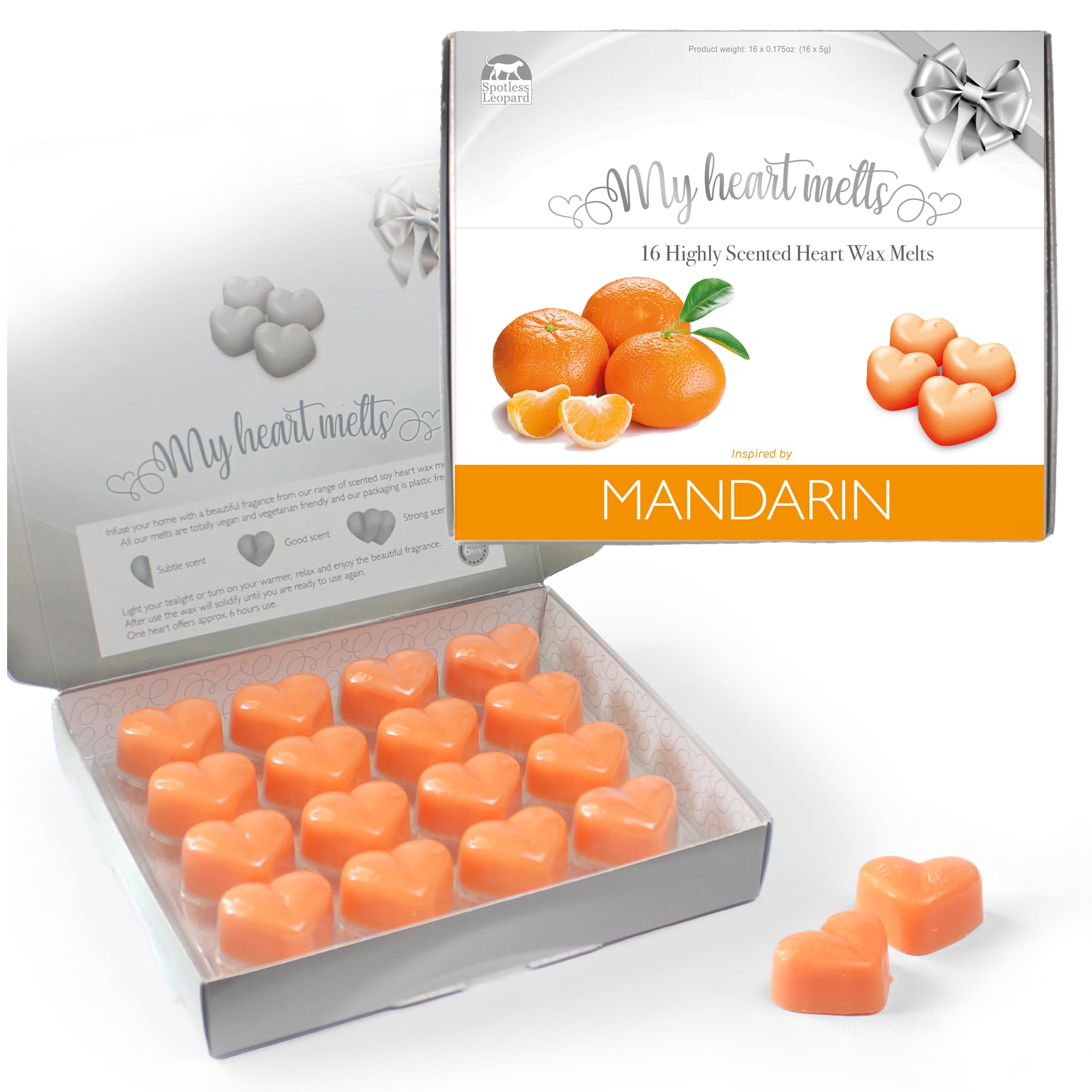 Mandarin Orange Wax Melts - 16 x 6g Heart-Shaped Mandarin Orange Scented Wax Melts in an Elegant Presentation Gift Box - Spotless Leopard Scented Gift - Made in UK