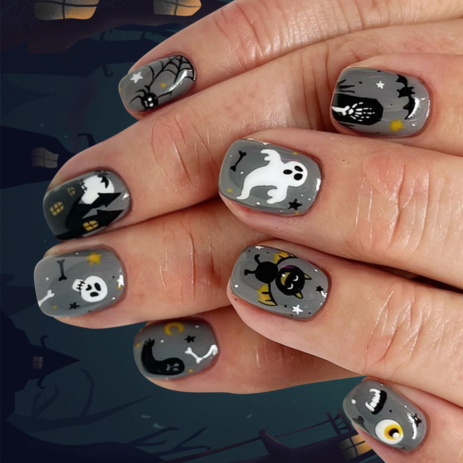 24Piece Nero Glittering Press On Nails Halloween Speciale Con Misterioso Ala di pipistrello E Modelli di Casa Halloween Press On Nail