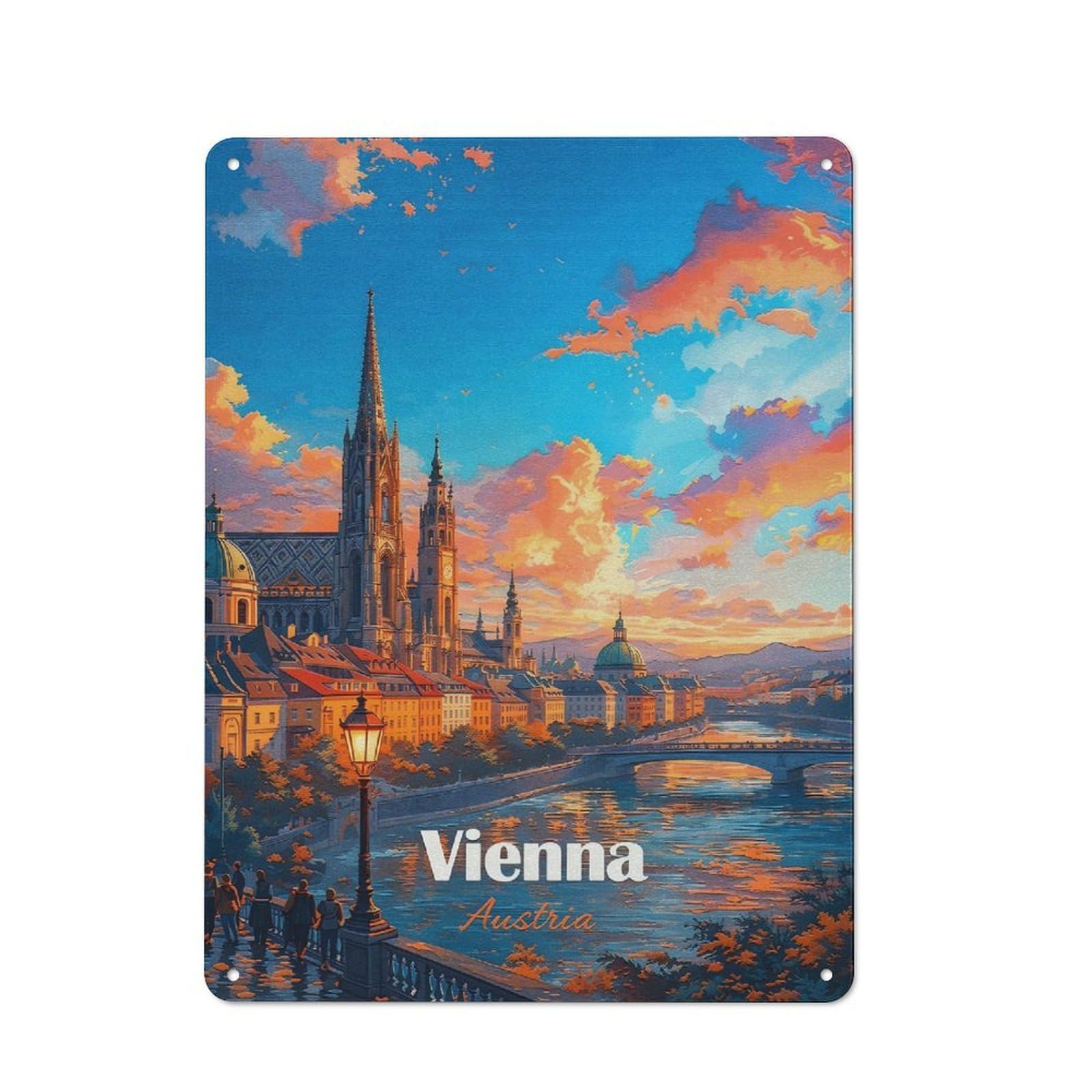 Junmoney Style-4 Vienna Cityscape At Sunset Printed Metal Sign 40X30cm For Pub Or Café, For Everyday Room Decor With A Retro Look
