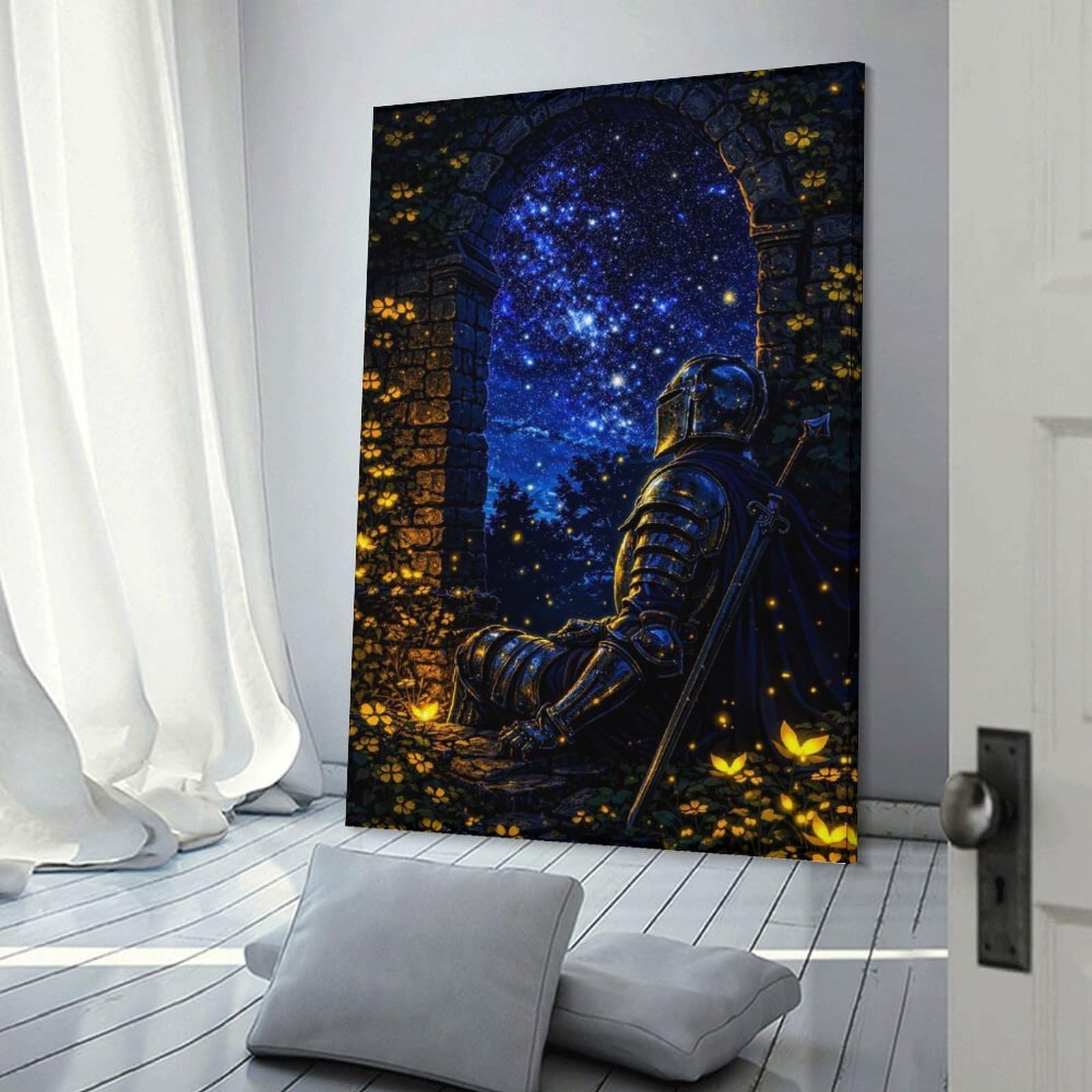 Junmoney Knight Gazing at Starry Sky Canvas Art Print, 20x30inch(50x75cm), for Bedroom, Lounge Or Dressing Area, Canvas Wall Decor for Personal Spaces