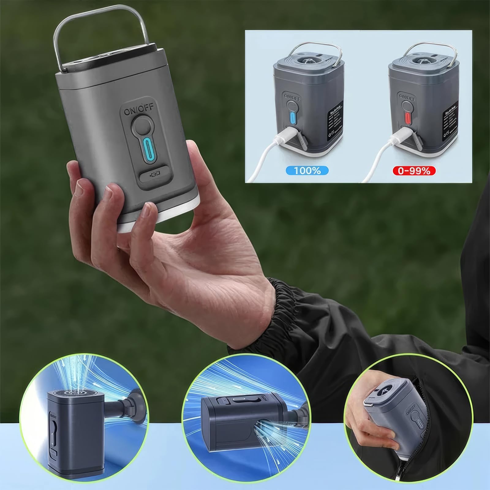Pompa ad aria da campeggio, portatile, ultra-mini, con batteria da 1200 mAh, ricaricabile tramite USB, per gonfiare e sgonfiare per piscina, materasso, anello da nuoto, sacchetti sottovuoto