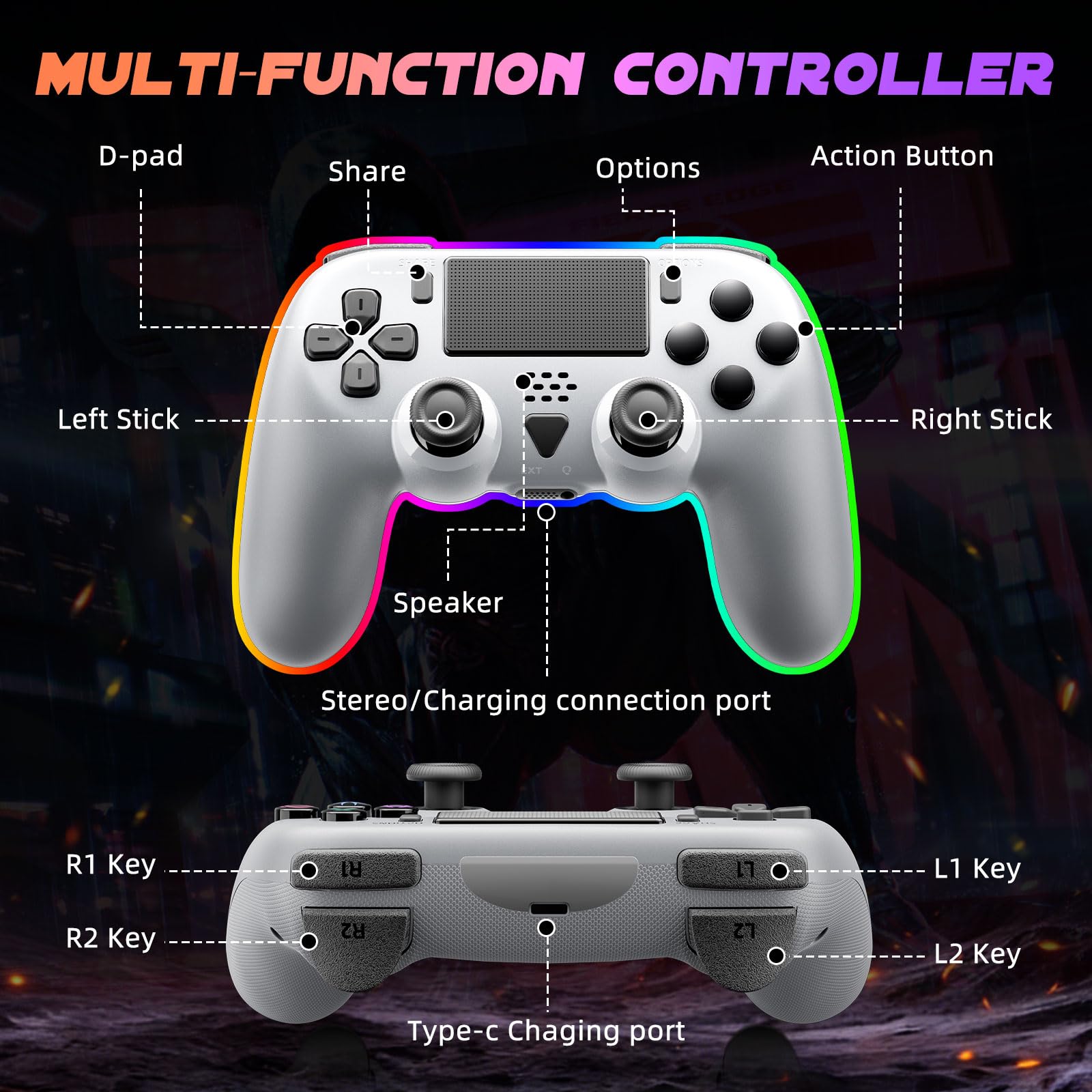 Vefacxy Manette sans fil pour PS5 avec RVB, boutons arrière programmables, macro et turbo – Manette Bluetooth avec microphone, capteur à 6 axes, prise audio 3,5 mm, compatible avec PS5 Pro/Slim/PC