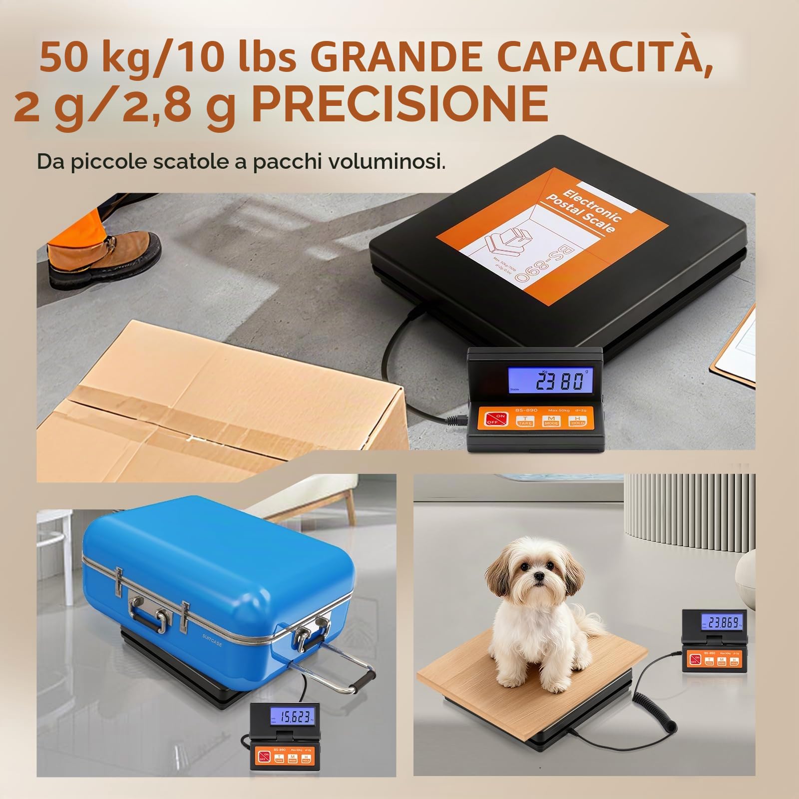 Bonvoisin Bilancia postale digitale 50 kg 110 lb 2 g display LCD separato batterie AAA adattatore UE inclusi g kg oz lb indicatore stabile Hold
