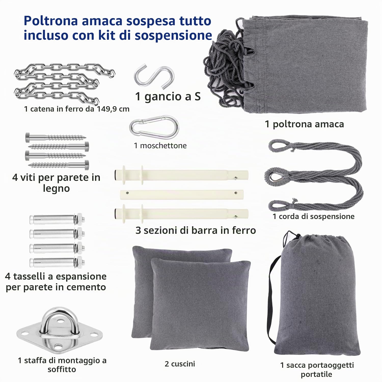 Ohuhu Sedie Sospese Sedia Amaca da Giardino con 2 Cuscini e Robuste Ganci kit, Sedia ad Altalena Sedia a Dondolo Sospesa Costruzione Robusta e Resistente per Balcone, Giardino, Portante 150kg (Grigio)