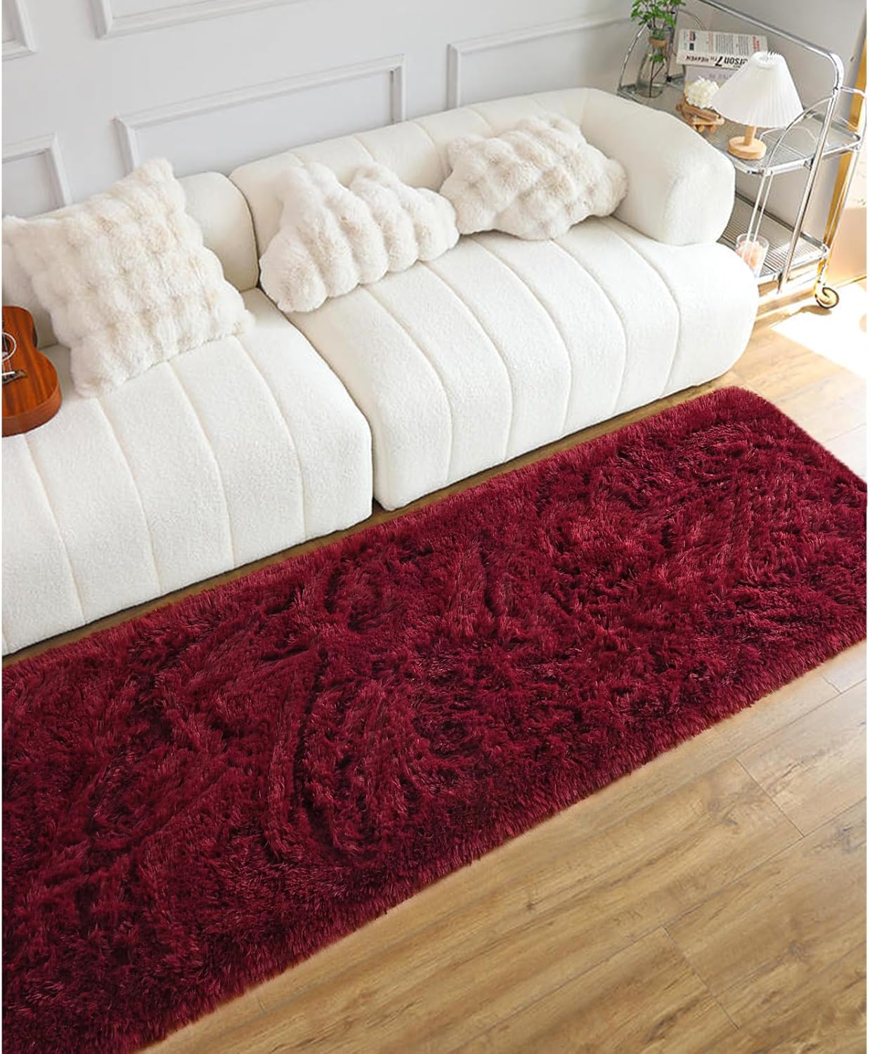 DweIke Fluffy Burgundy Red Runner Rugs for Bedroom, 2x6 Feet Soft Plush Long Runners for Girls Boys Kids, Non-Slip and Machine Washable Bedside Rug, Small Throw Carpet for Hallway Rooms Decor