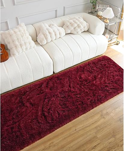 Miniatura 7 de DweIke - Alfombra de noche suave para dormitorio, alfombras peludas de felpa de 2 x 6 pies, alfombras de sala de estar rojo oscuro para sala de